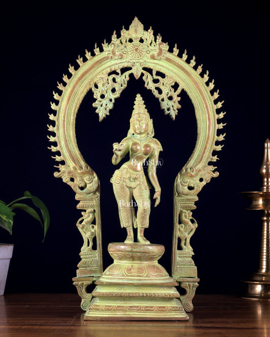 Pure Brass Standing Parvati with Prabhavali – Bhoga Shakti Idol (Green Sand Patina Finish) 18 inch