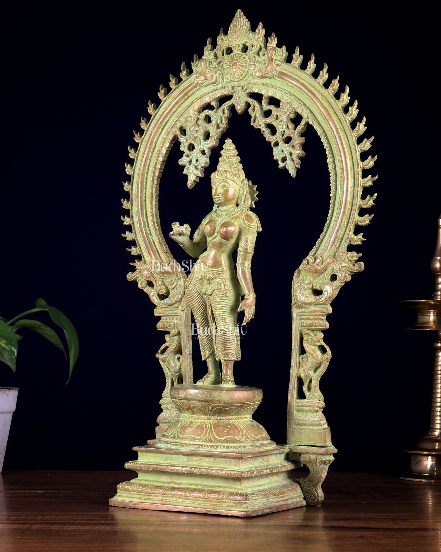 Pure Brass Standing Parvati with Prabhavali – Bhoga Shakti Idol (Green Sand Patina Finish) 18 inch