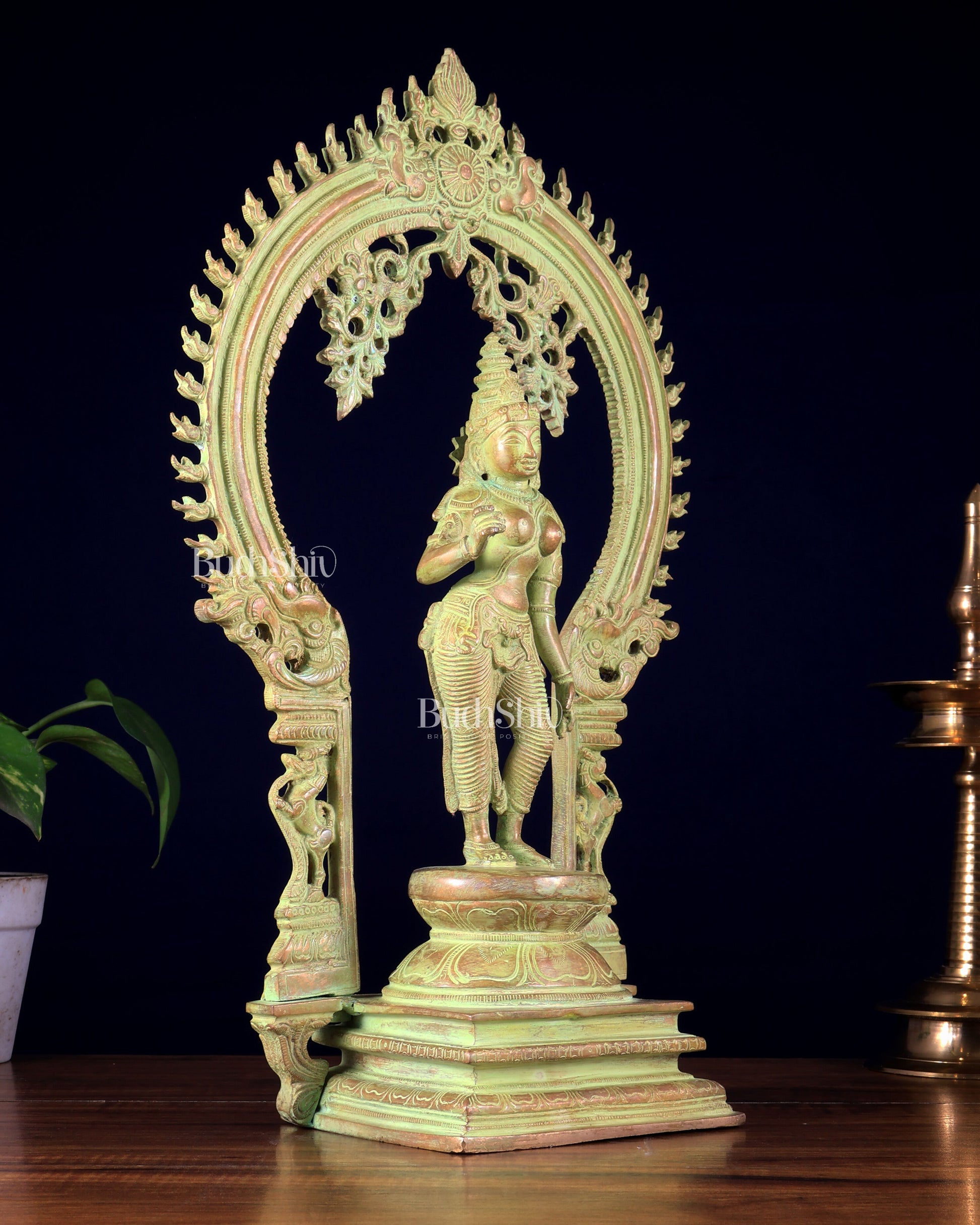 Pure Brass Standing Parvati with Prabhavali – Bhoga Shakti Idol (Green Sand Patina Finish) 18 inch