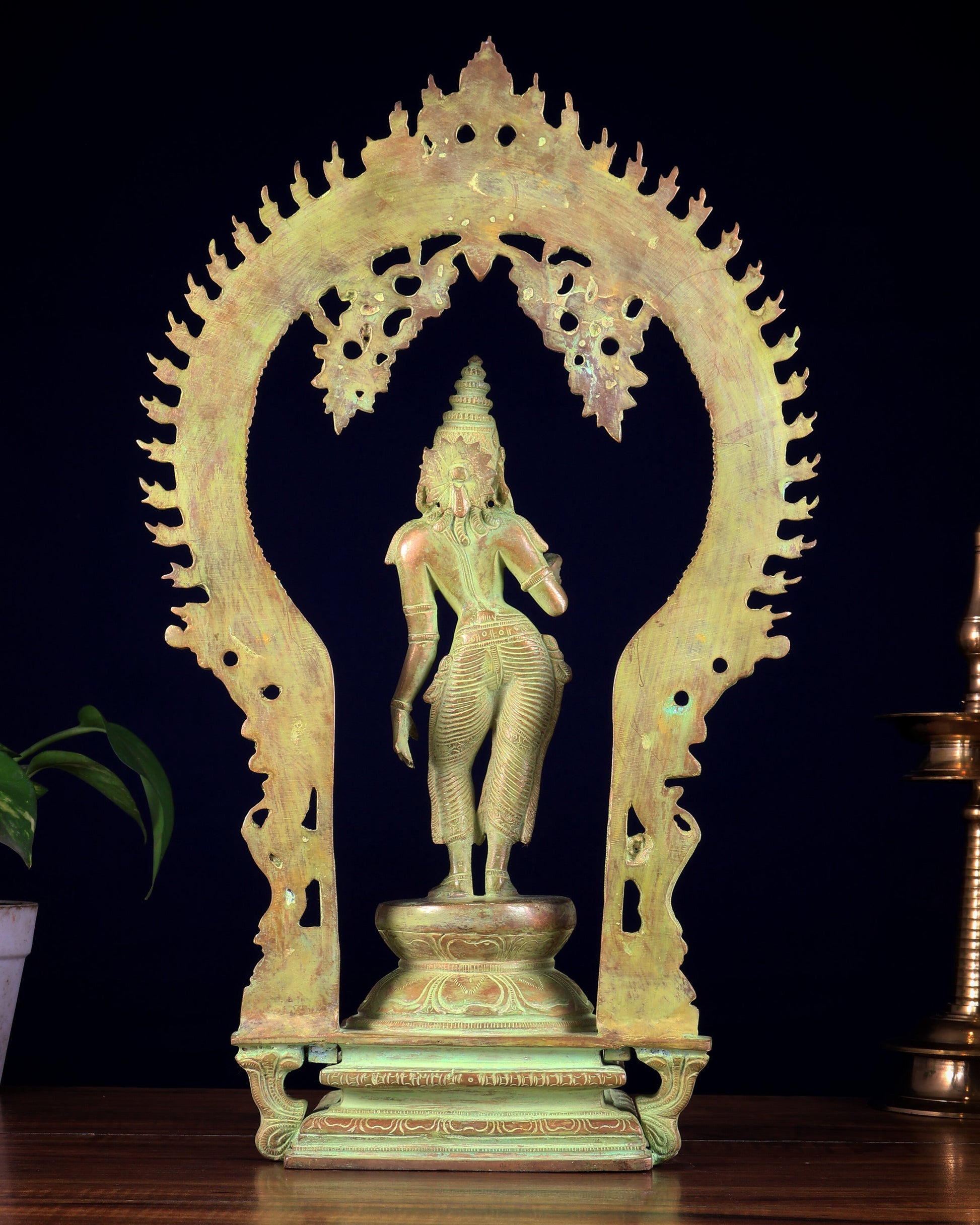 Pure Brass Standing Parvati with Prabhavali – Bhoga Shakti Idol (Green Sand Patina Finish) 18 inch