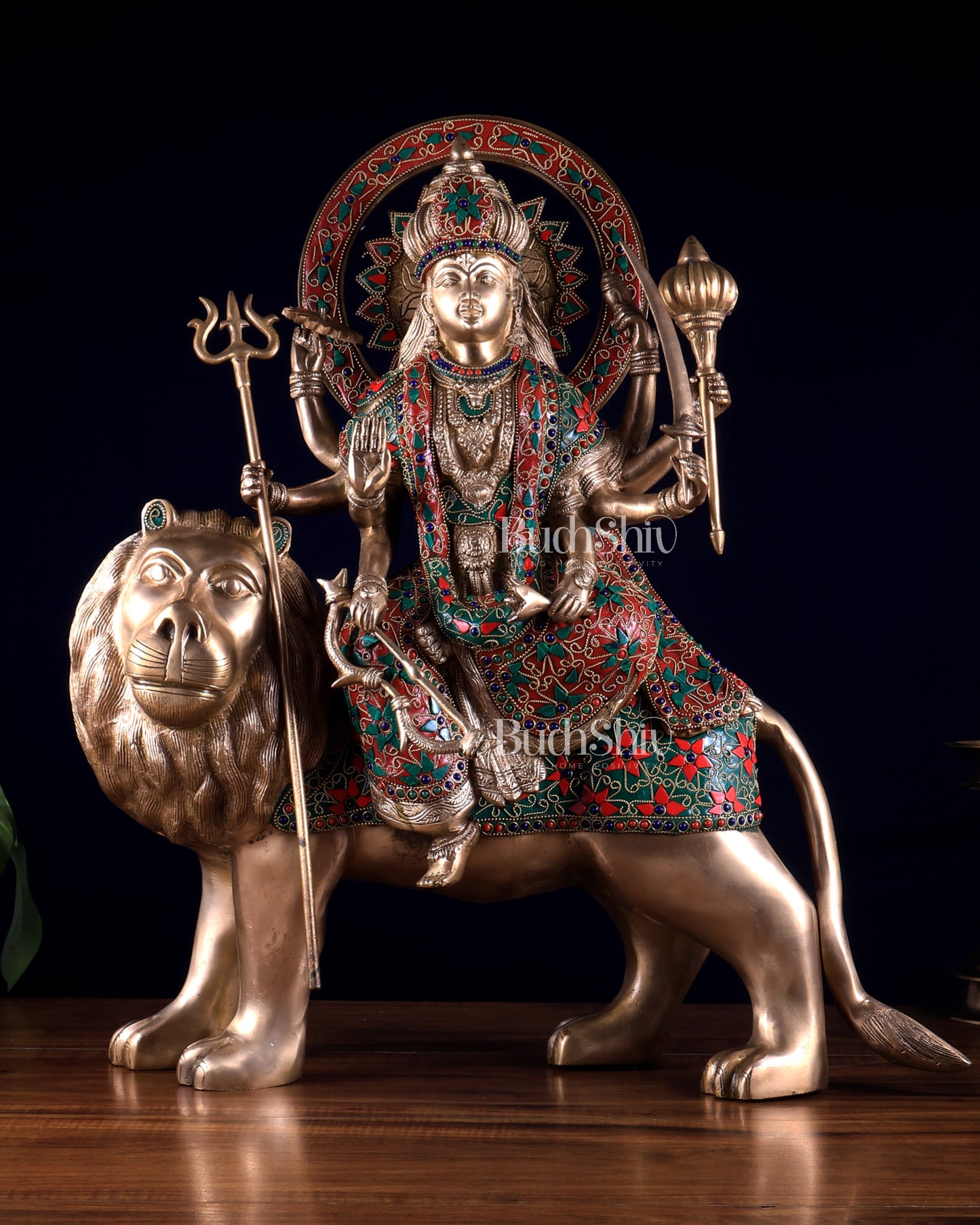 Pure Brass Goddess Durga Statue with floral stone Work - 22 Inch