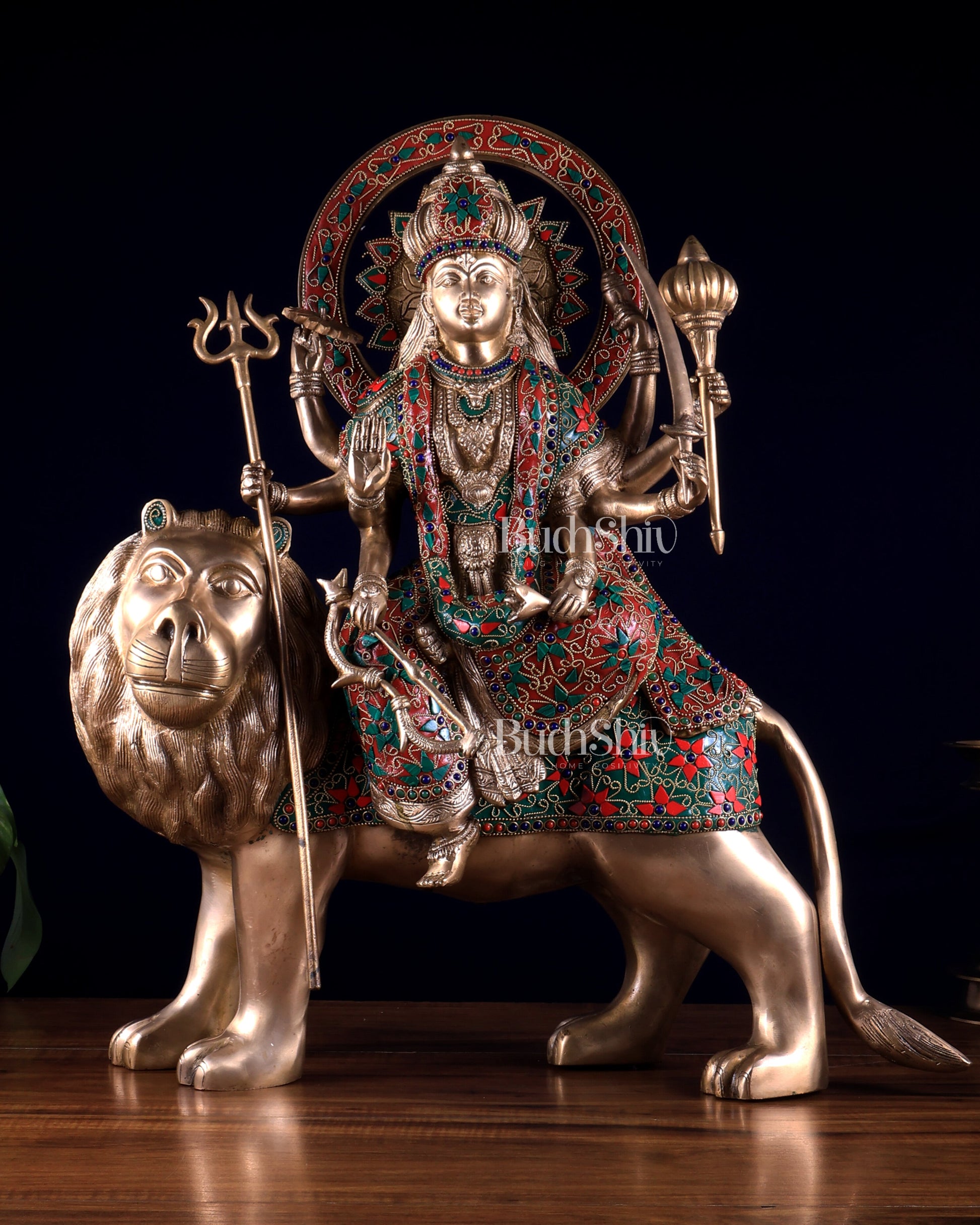 Pure Brass Goddess Durga Statue with floral stone Work - 22 Inch