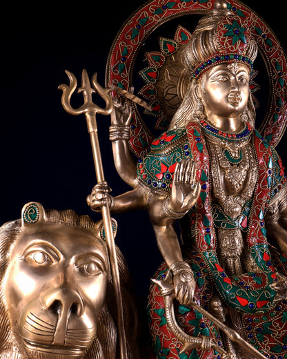 Pure Brass Goddess Durga Statue with floral stone Work - 22 Inch