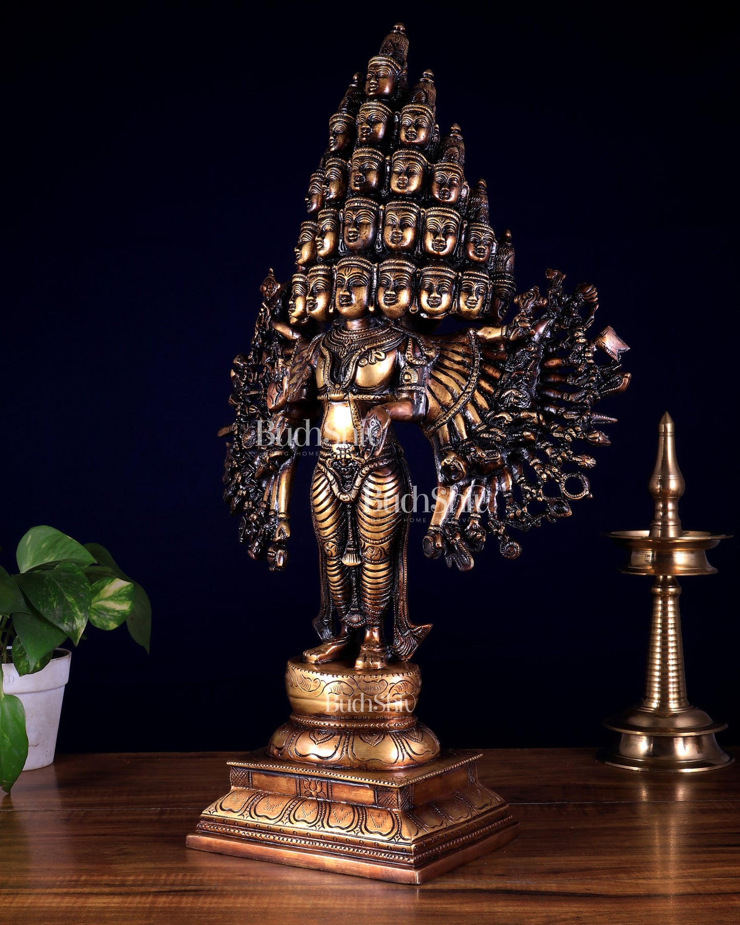 Brass Maha Sadashiva (25‑Faced Lord Shiva) Statue – 21.5″ burnt brass tone