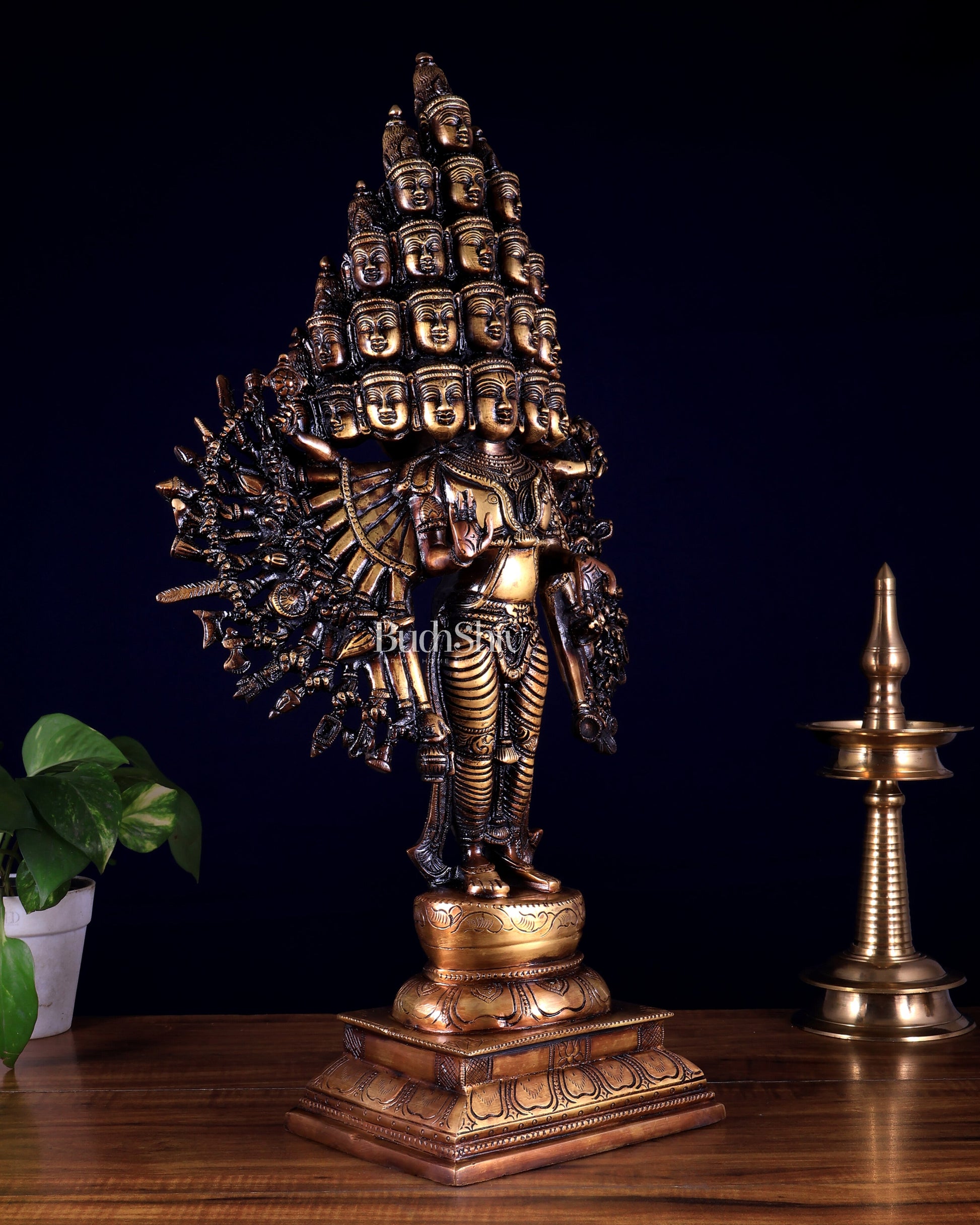 Brass Maha Sadashiva (25‑Faced Lord Shiva) Statue – 21.5″ burnt brass tone