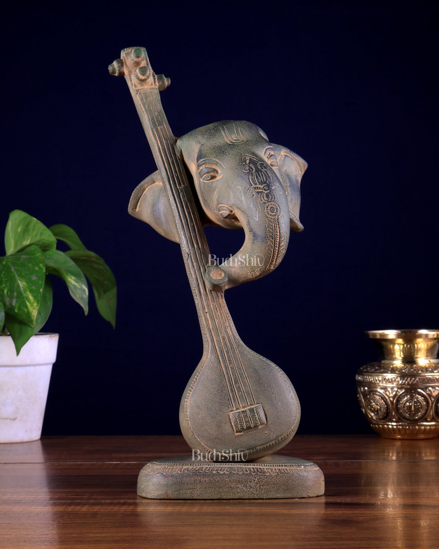 Brass Lord Ganesha with Veena table accent, Sandstone finish- 12 Inch
