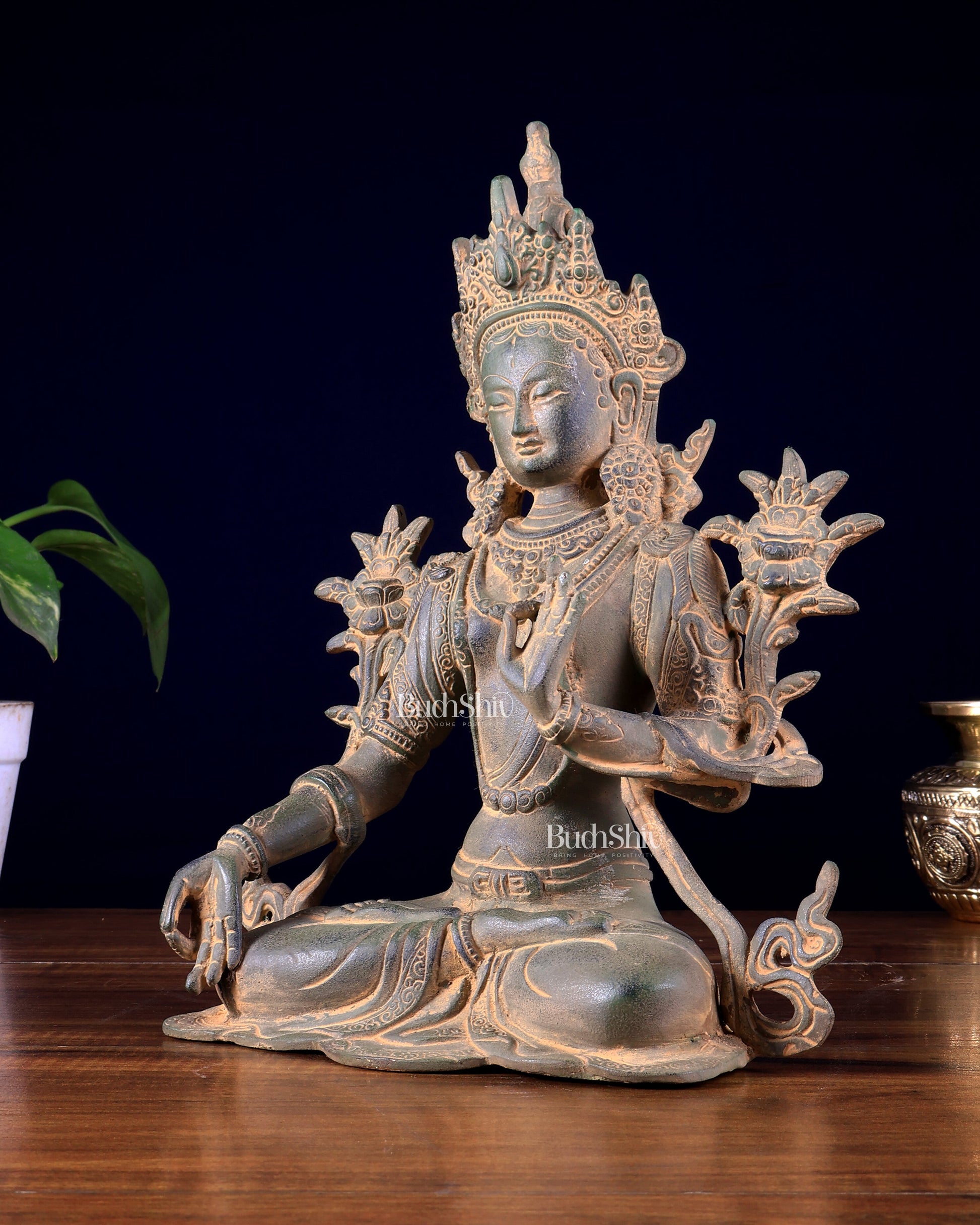 Vintage Brass White Tara Statue – Sandstone Finish 10 inch