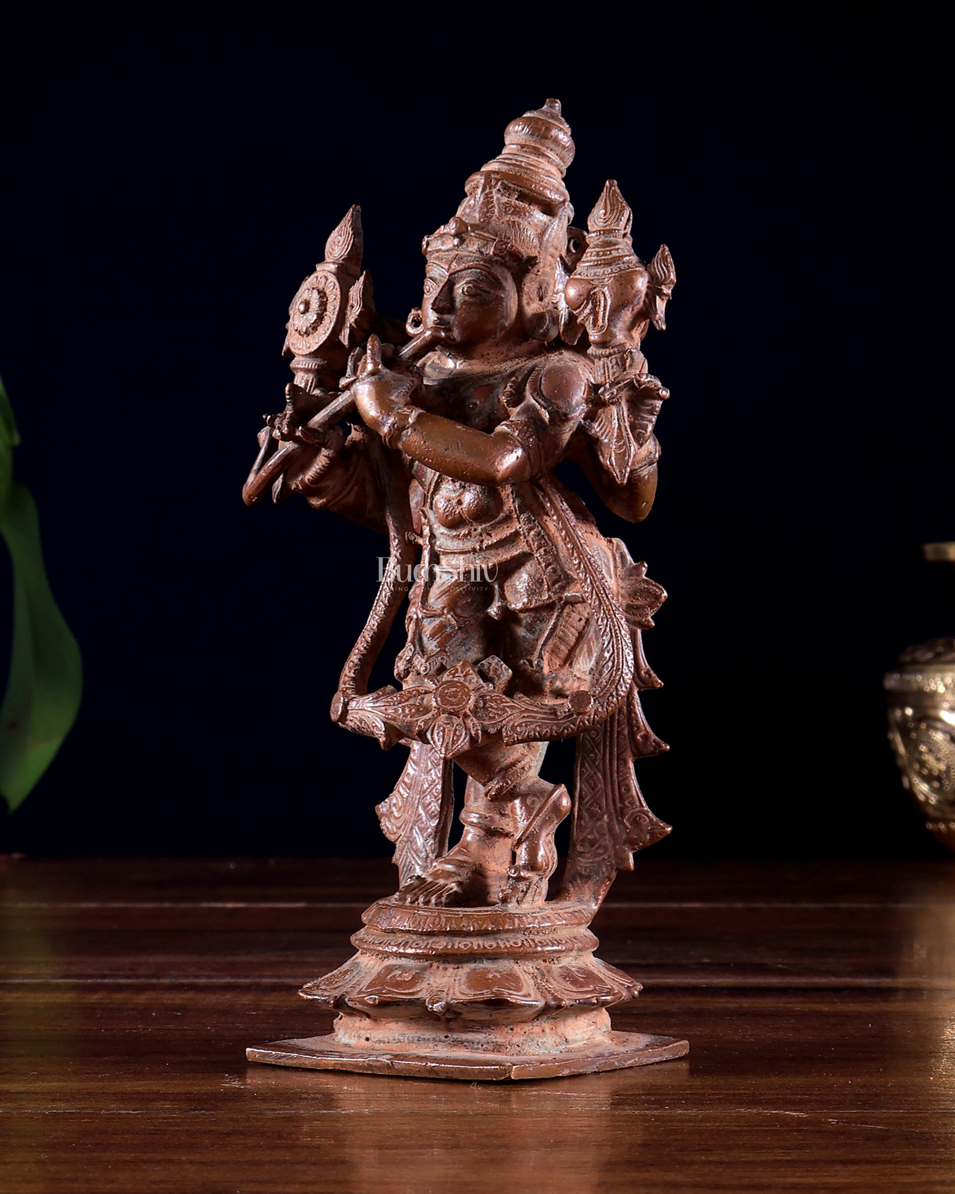 Vintage Copper Vishnu roopam Charbhuja Krishna Idol | 6" Natural Antique patina