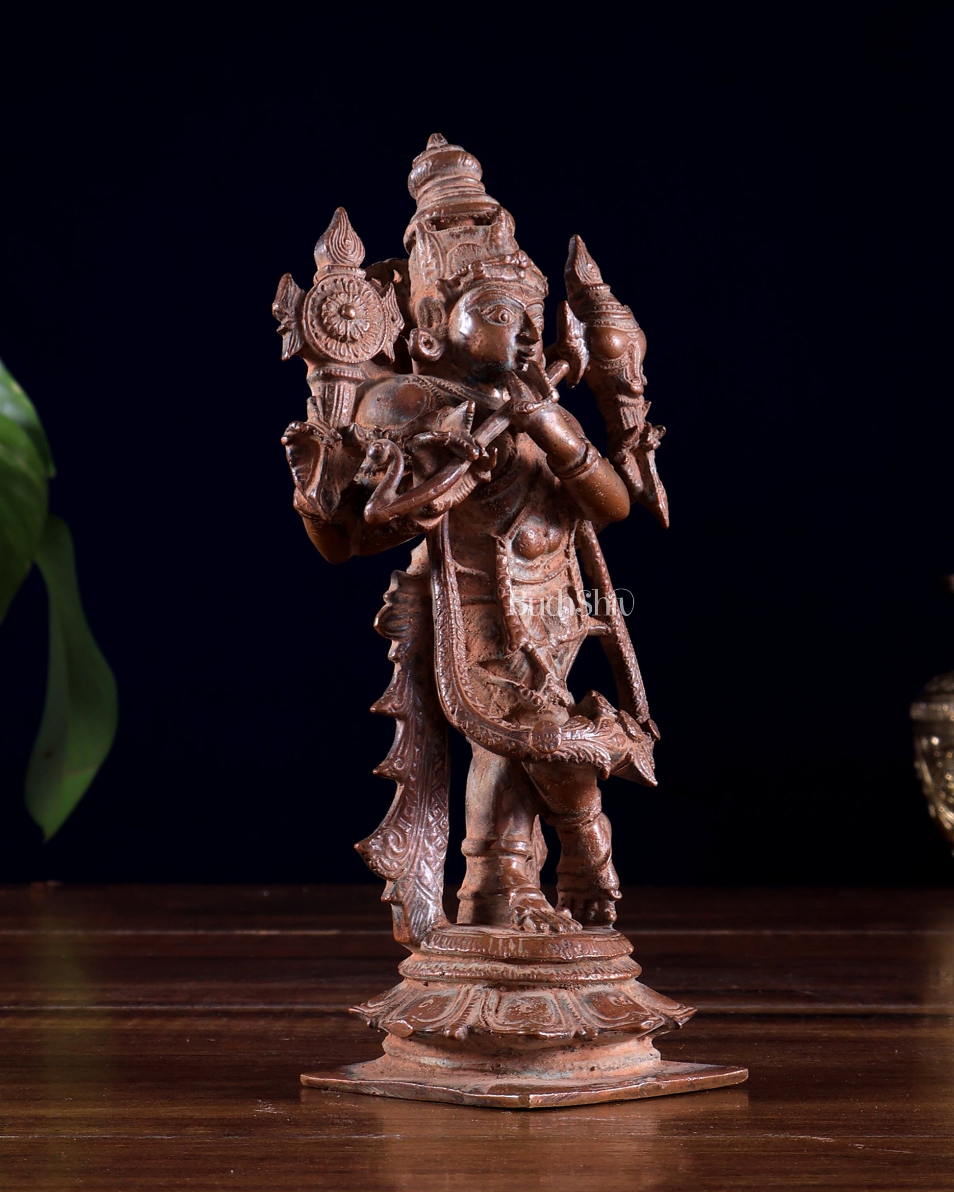 Vintage Copper Vishnu roopam Charbhuja Krishna Idol | 6" Natural Antique patina