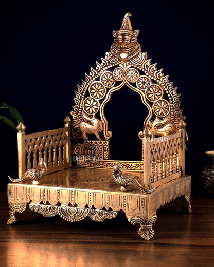 Brass Large Singhasan Chowki with Prabhavali – Temple Altar for Idols 14 inch