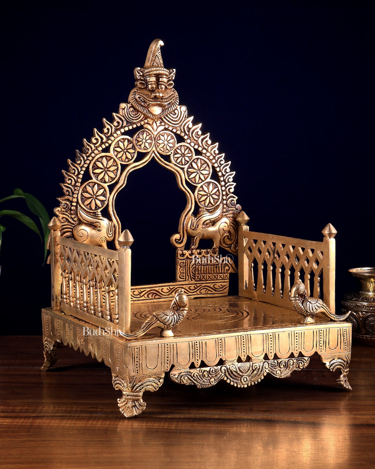 Brass Large Singhasan Chowki with Prabhavali – Temple Altar for Idols 14 inch