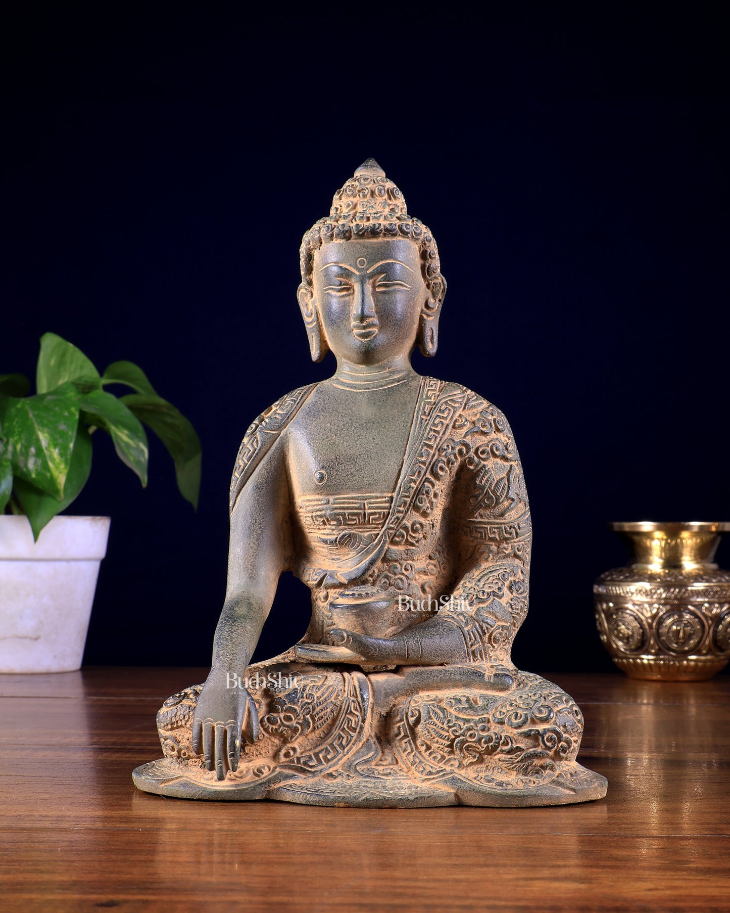 Vintage Brass Buddha Statue with Carvings – Rugged Patina Finish 8.5 inch