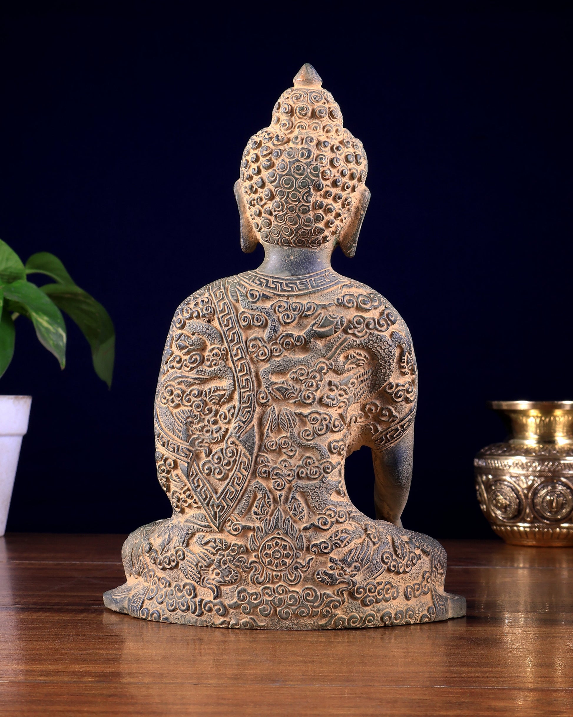 Vintage Brass Buddha Statue with Carvings – Rugged Patina Finish 8.5 inch