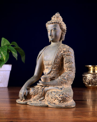 Vintage Brass Buddha Statue with Carvings – Rugged Patina Finish 8.5 inch