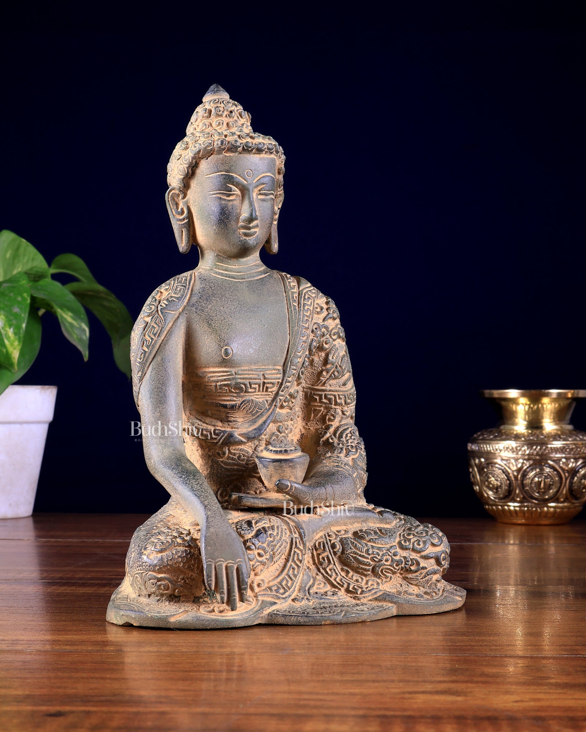 Vintage Brass Buddha Statue with Carvings – Rugged Patina Finish 8.5 inch