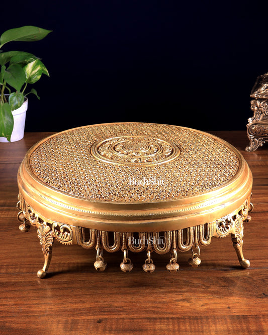 Large Brass Round Chowki with Floral Design and Ghungroos 13.6 inch