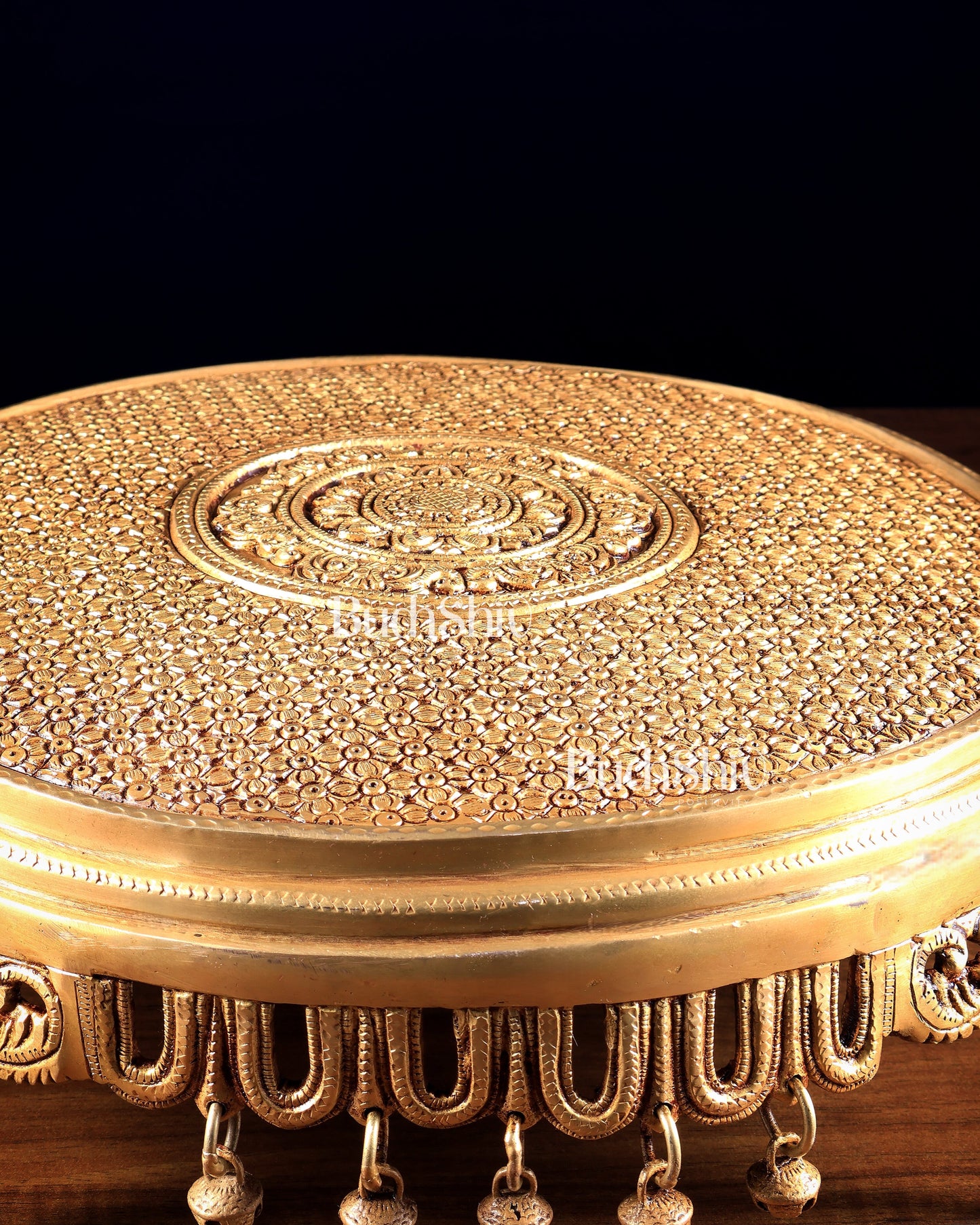 Large Brass Round Chowki with Floral Design and Ghungroos 13.6 inch