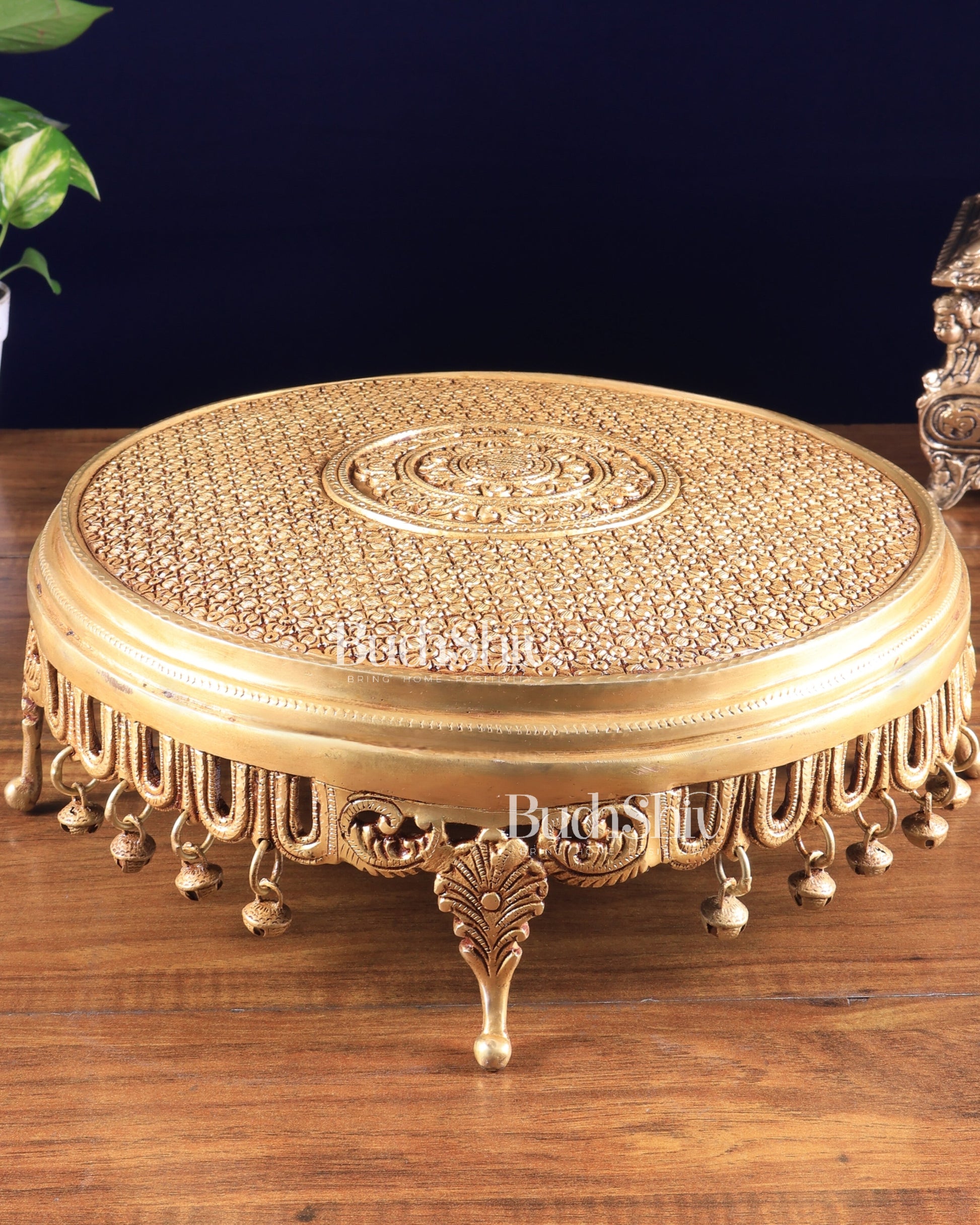 Large Brass Round Chowki with Floral Design and Ghungroos 13.6 inch