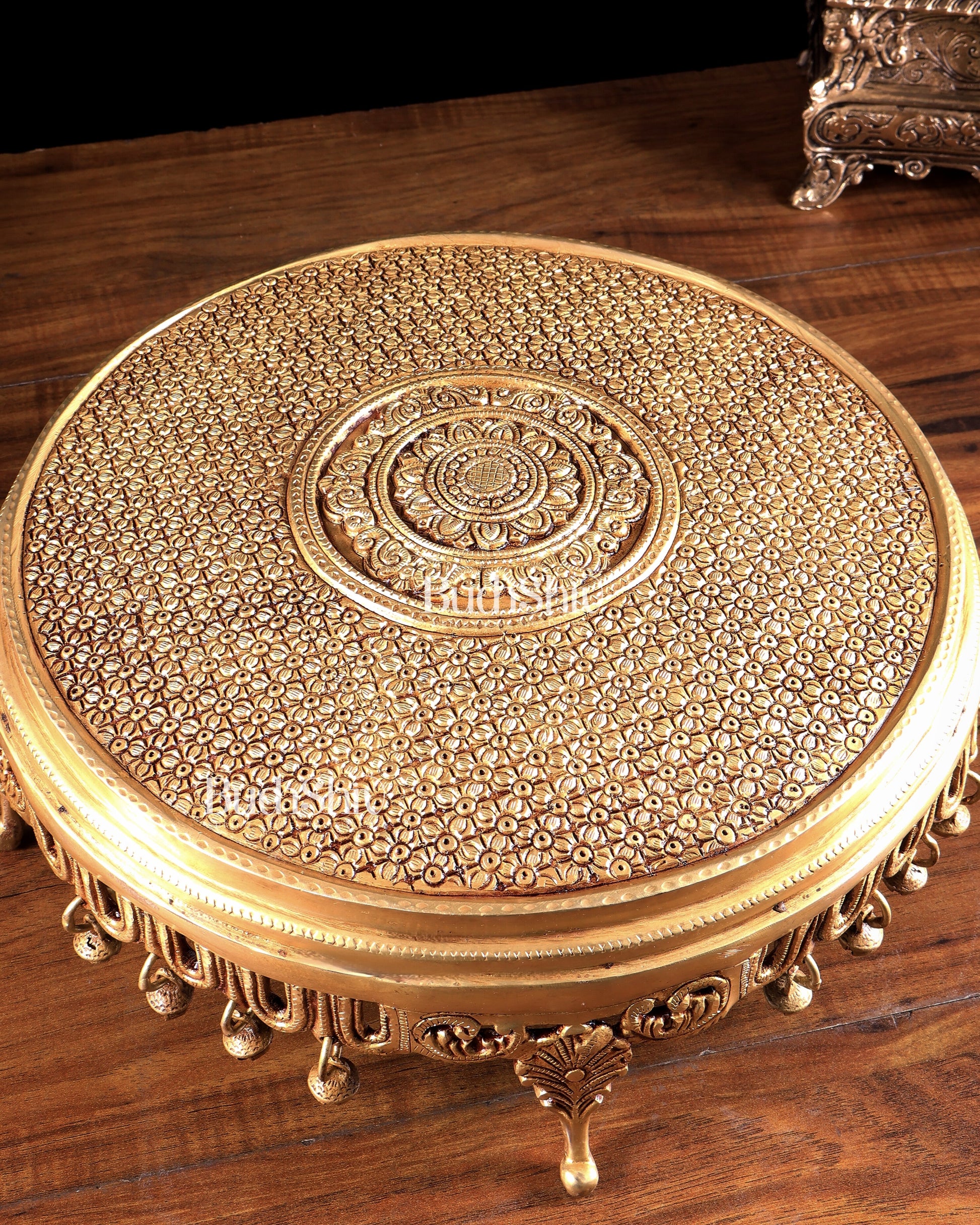 Large Brass Round Chowki with Floral Design and Ghungroos 13.6 inch