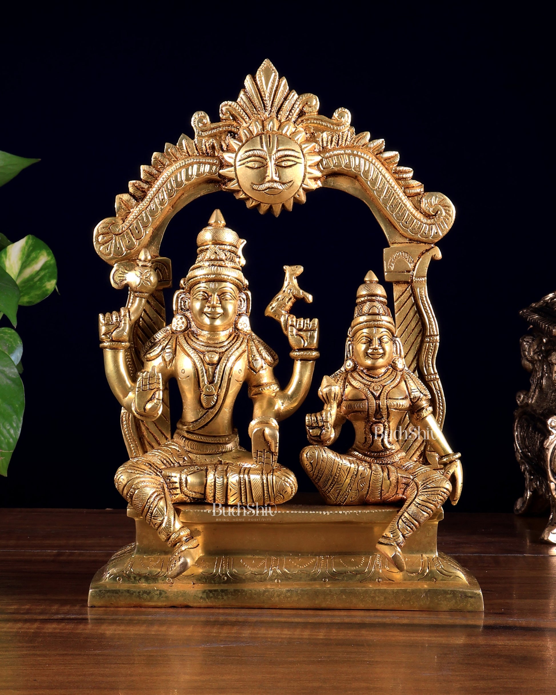 Brass Shiva Parvati Seated with Prabhavali 10.5 inch