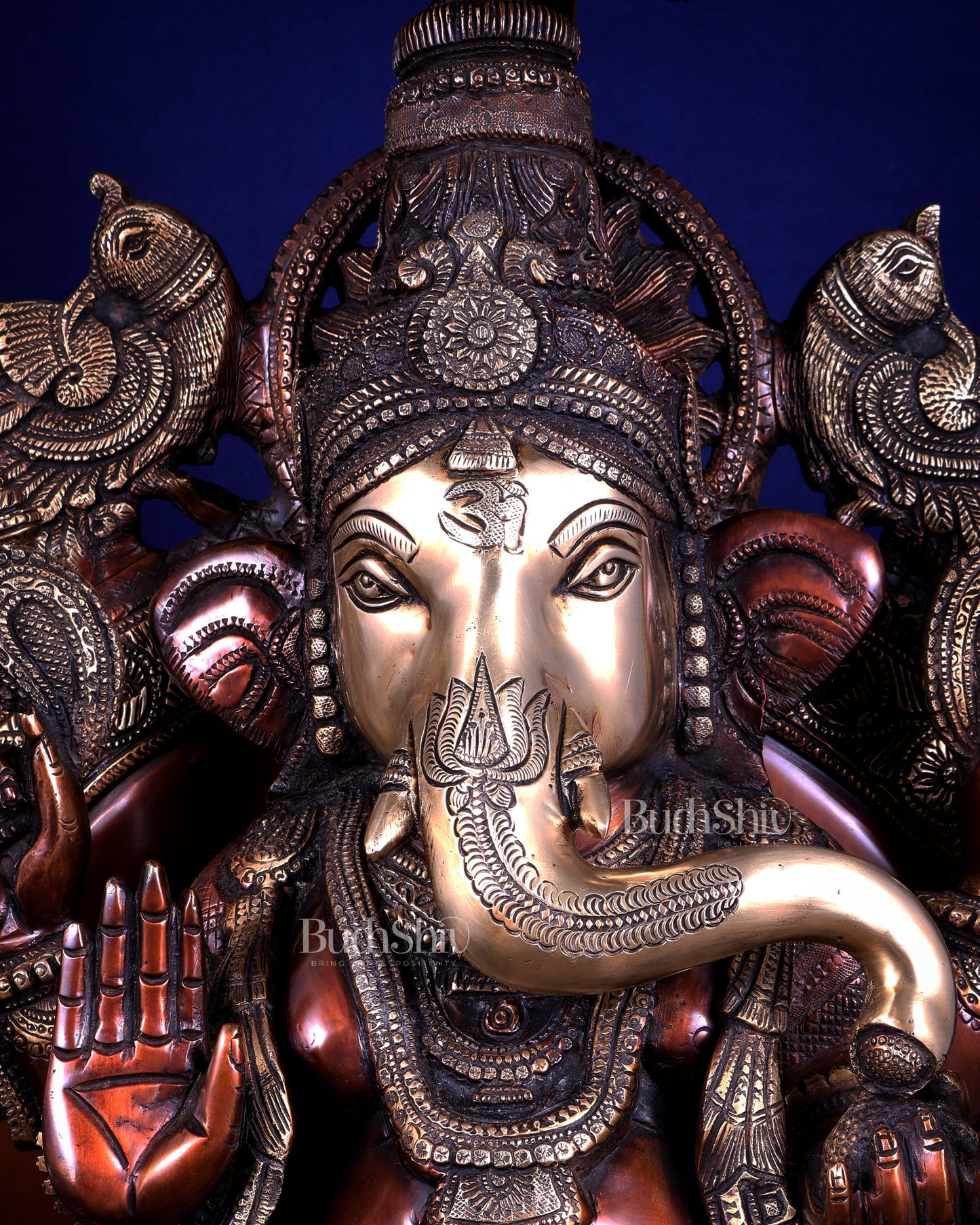 Large Superfine Brass Ganesha Seated on Throne with Gaja Lakshmi Carved Base 34 inch