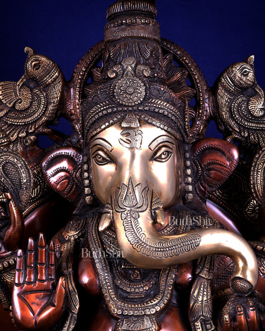 Large Superfine Brass Ganesha Seated on Throne with Gaja Lakshmi Carved Base 34 inch