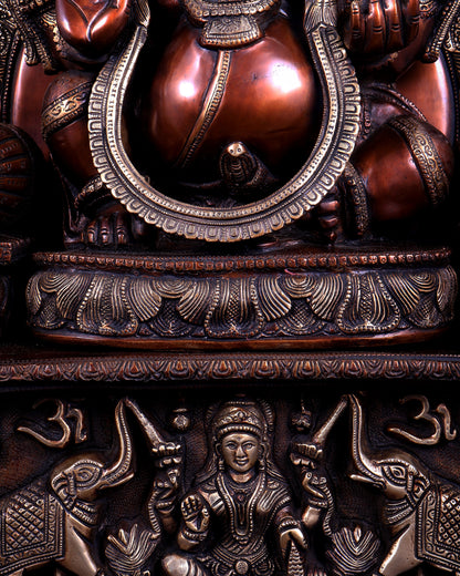 Large Superfine Brass Ganesha Seated on Throne with Gaja Lakshmi Carved Base 34 inch