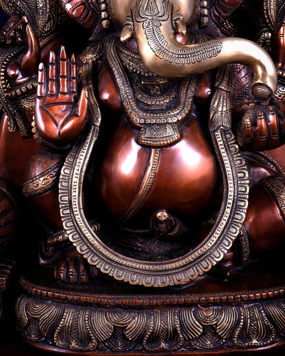 Large Superfine Brass Ganesha Seated on Throne with Gaja Lakshmi Carved Base 34 inch