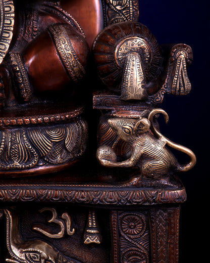 Large Superfine Brass Ganesha Seated on Throne with Gaja Lakshmi Carved Base 34 inch