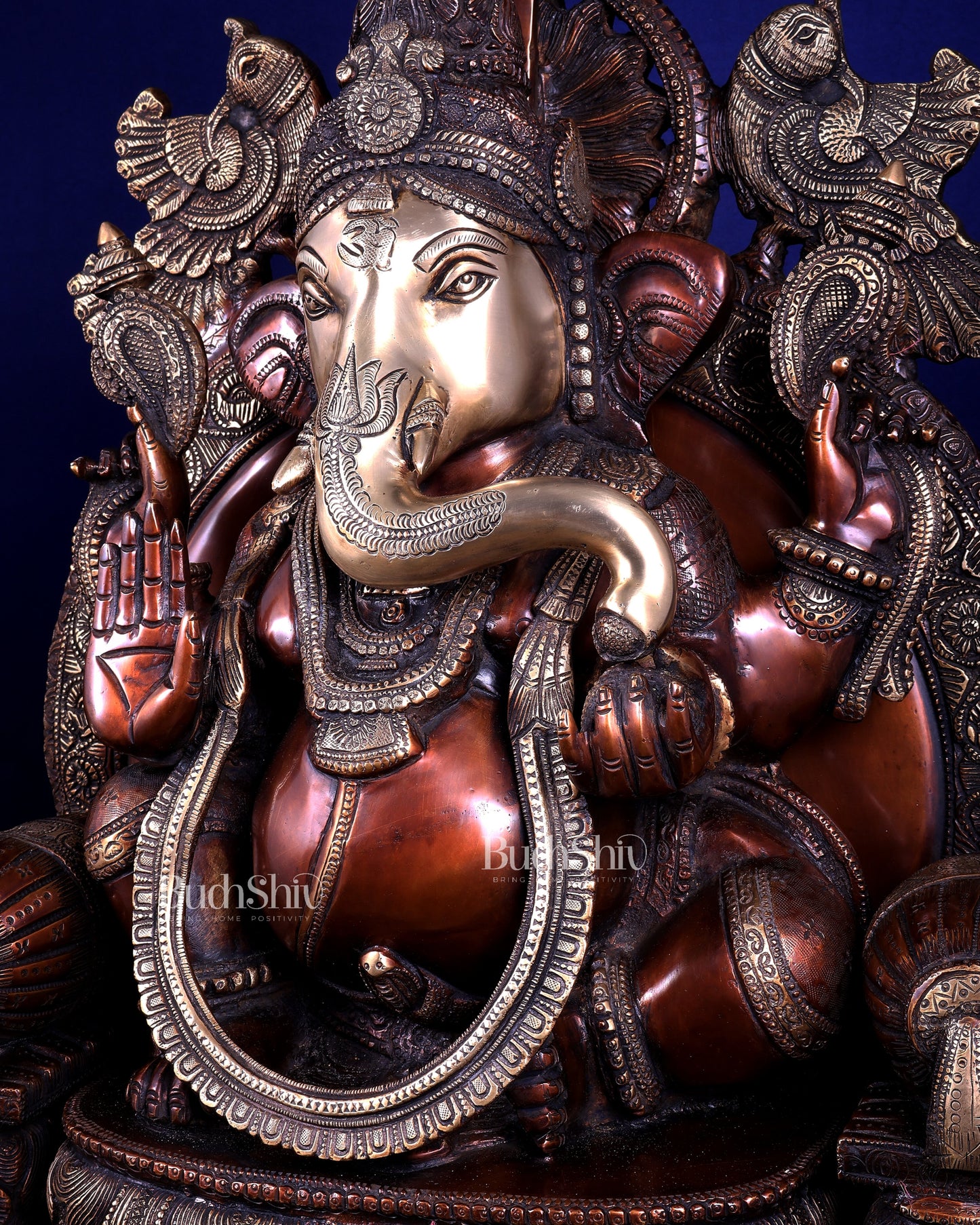 Large Superfine Brass Ganesha Seated on Throne with Gaja Lakshmi Carved Base 34 inch