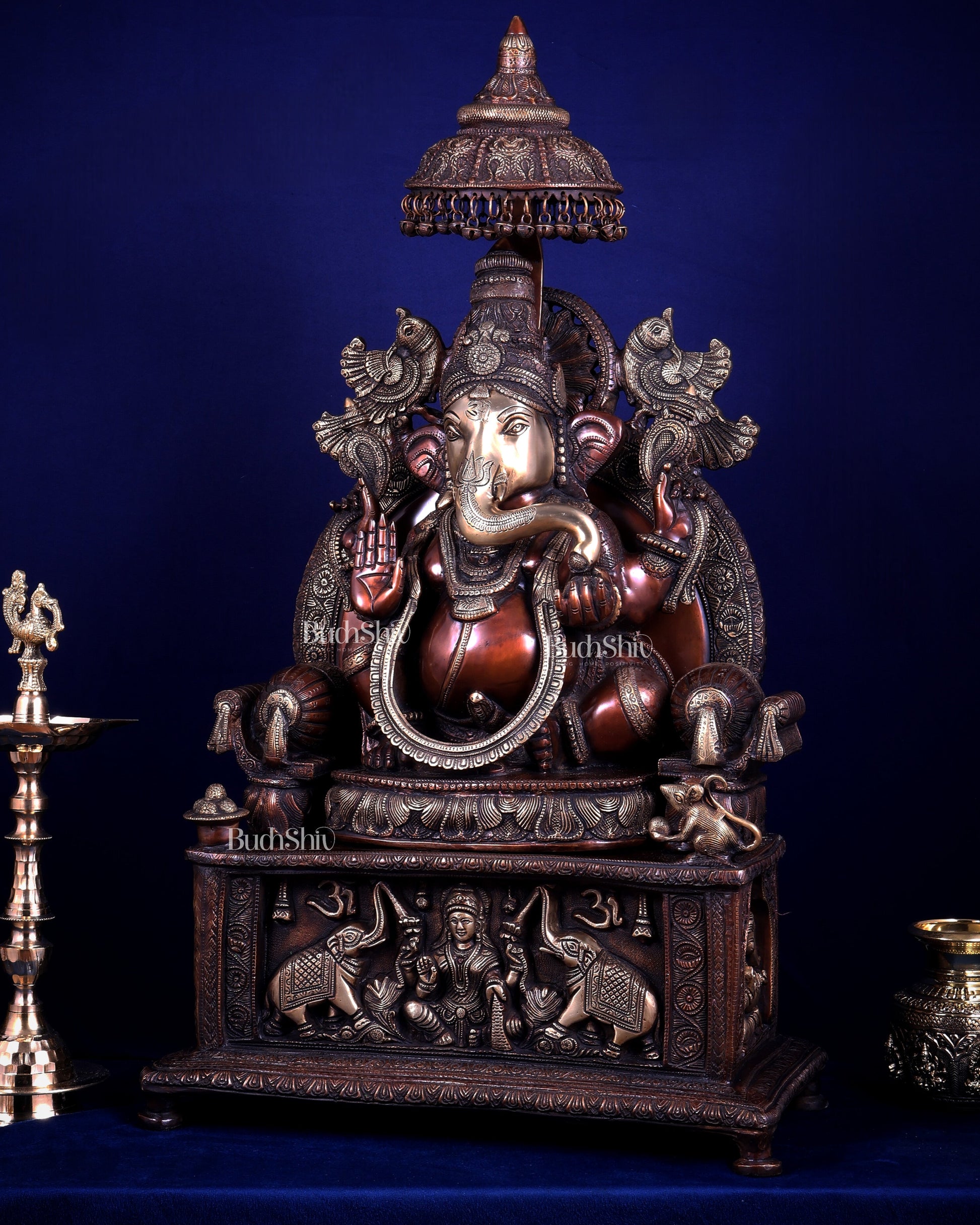 Large Superfine Brass Ganesha Seated on Throne with Gaja Lakshmi Carved Base 34 inch