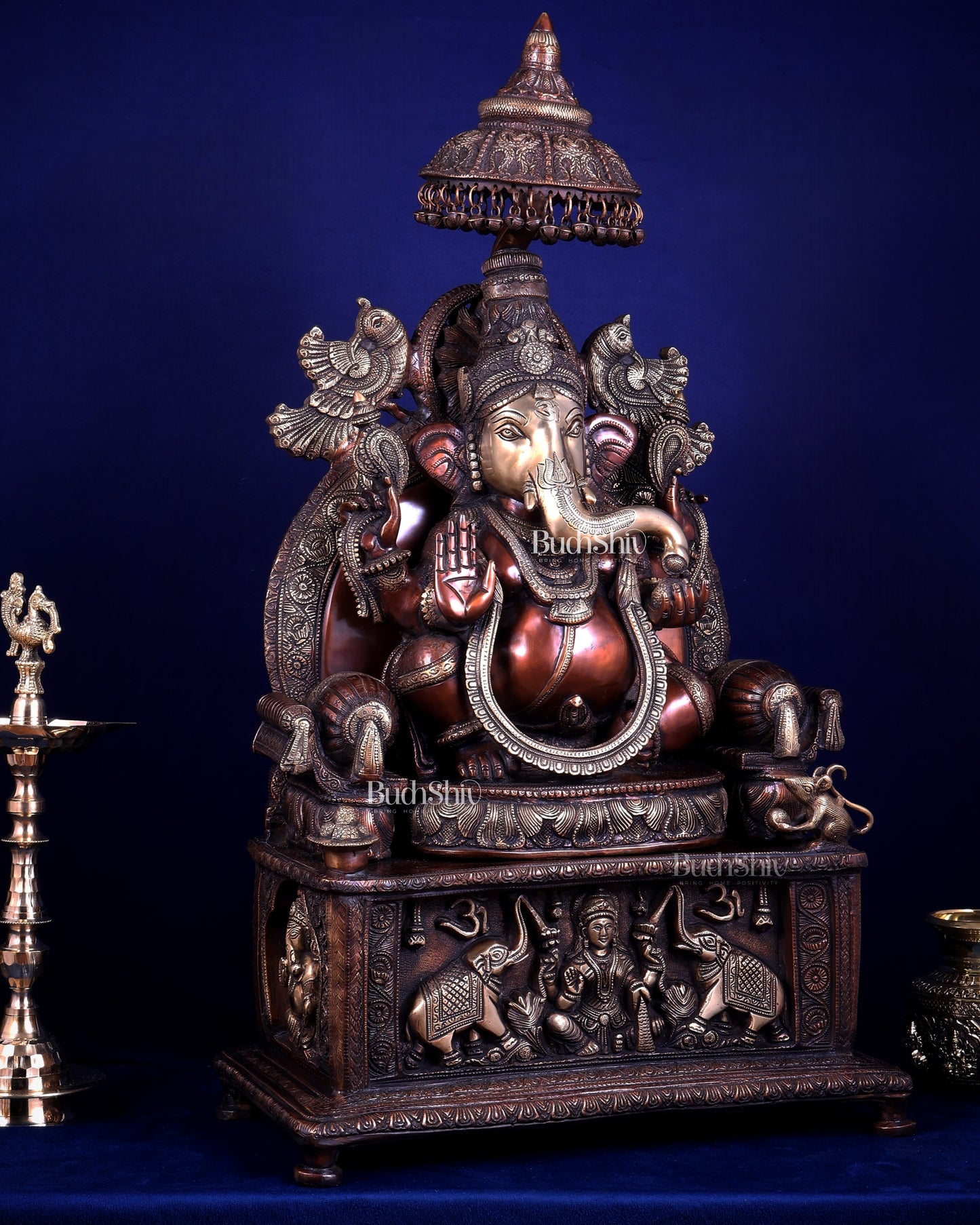 Large Superfine Brass Ganesha Seated on Throne with Gaja Lakshmi Carved Base 34 inch