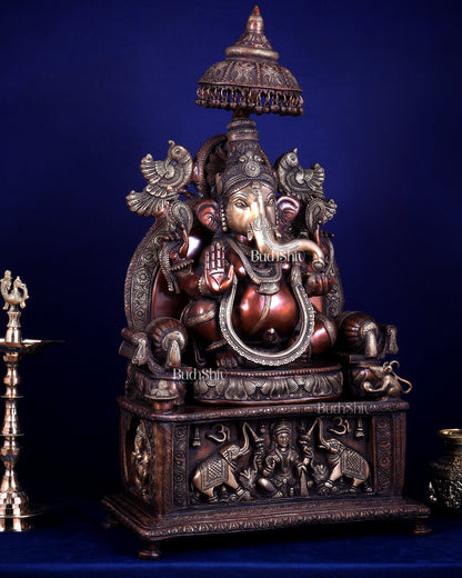 Large Superfine Brass Ganesha Seated on Throne with Gaja Lakshmi Carved Base 34 inch
