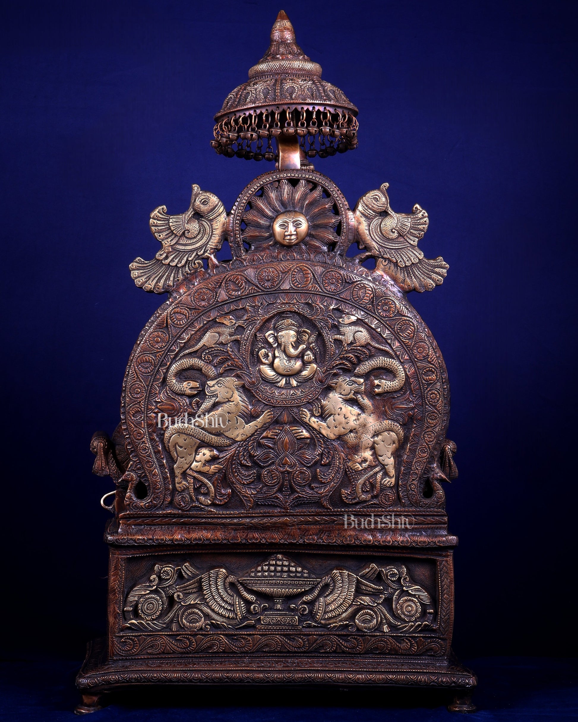 Large Superfine Brass Ganesha Seated on Throne with Gaja Lakshmi Carved Base 34 inch