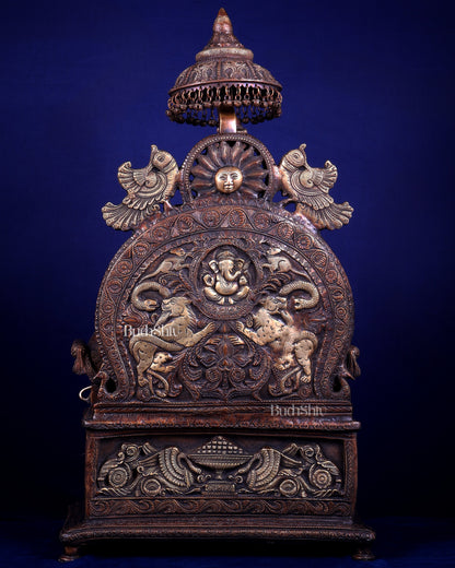 Large Superfine Brass Ganesha Seated on Throne with Gaja Lakshmi Carved Base 34 inch