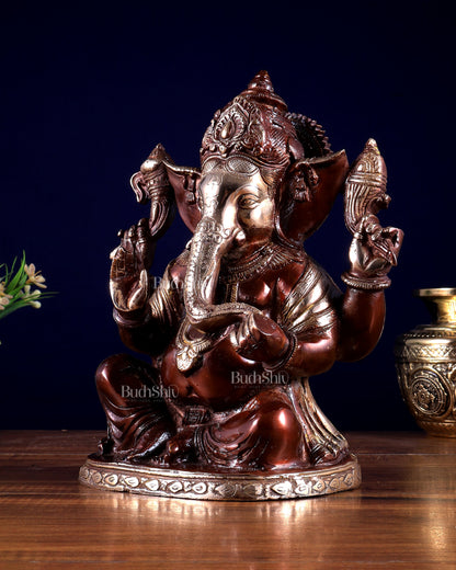 Brass Superfine Lord Ganesha Statue with Dual Tone Finish 9 inch