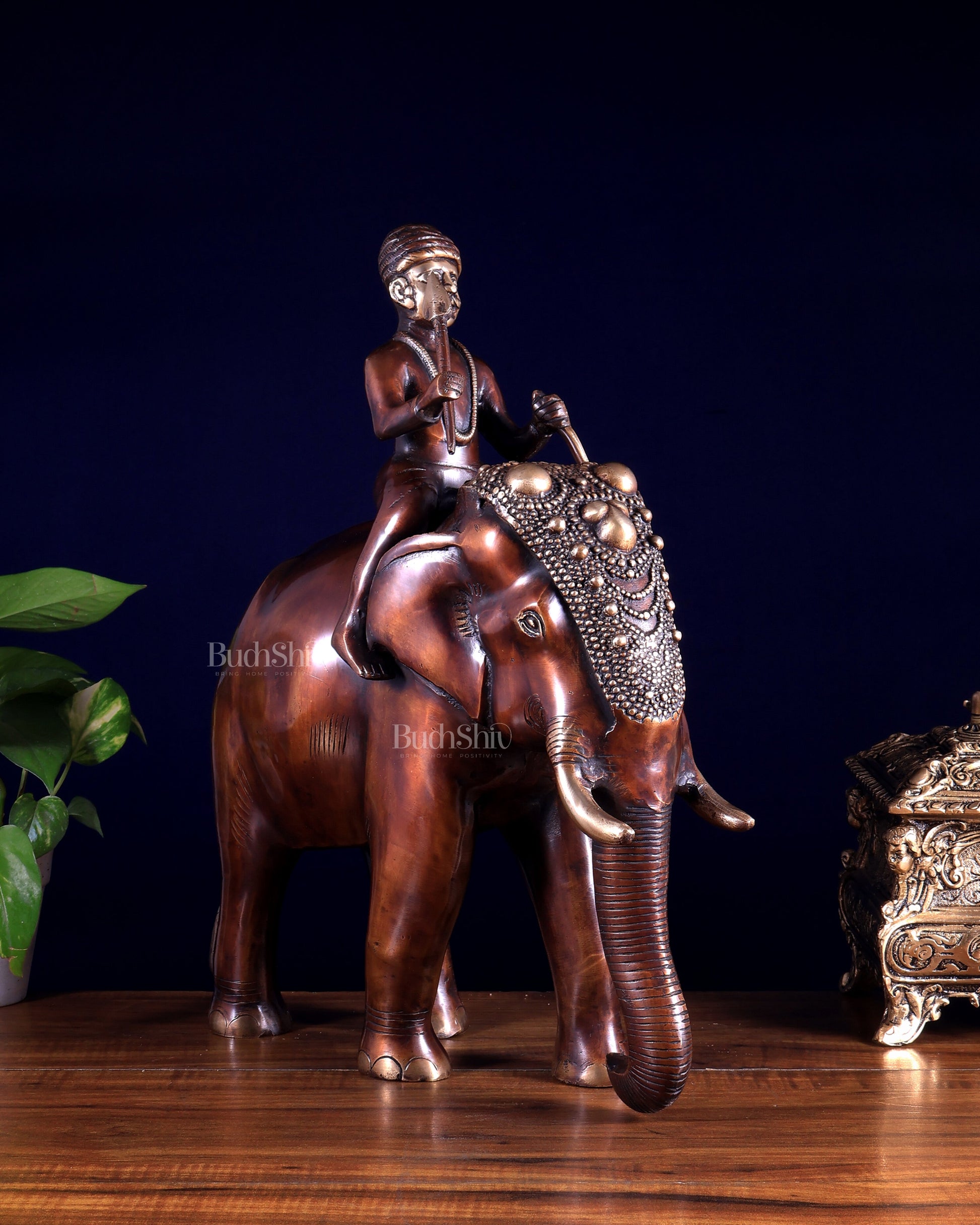 Vintage Brass Elephant Rider Statue – Vastu Approved Traditional Showpiece 16.5 inch