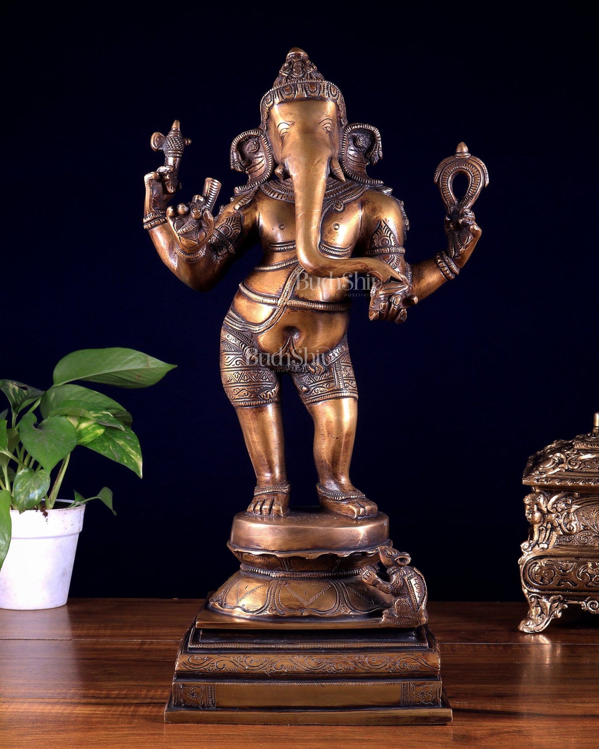Pure Brass Standing Ganesha Sculpture – Burnt Brass Finish 18 inch