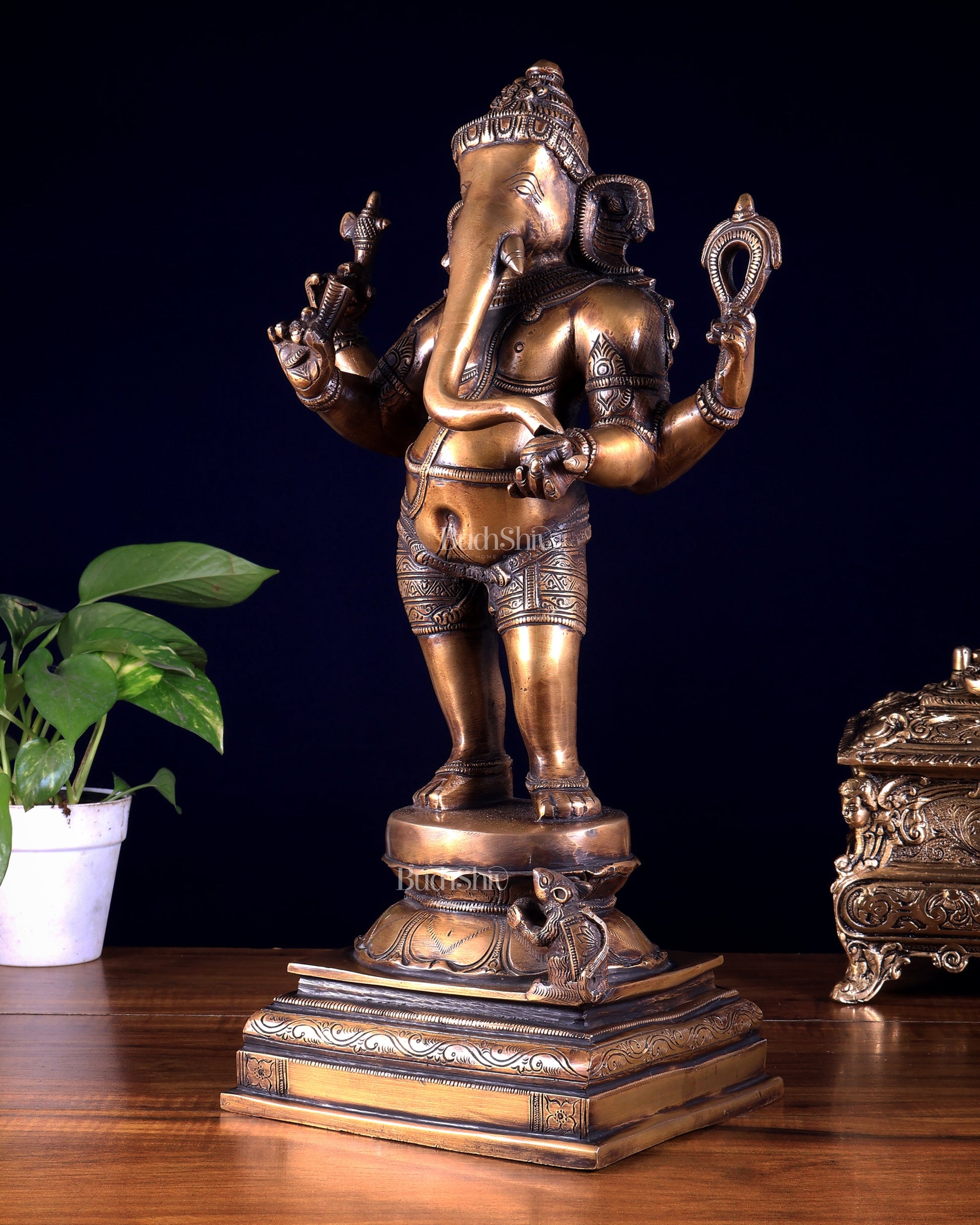 Pure Brass Standing Ganesha Sculpture – Burnt Brass Finish 18 inch