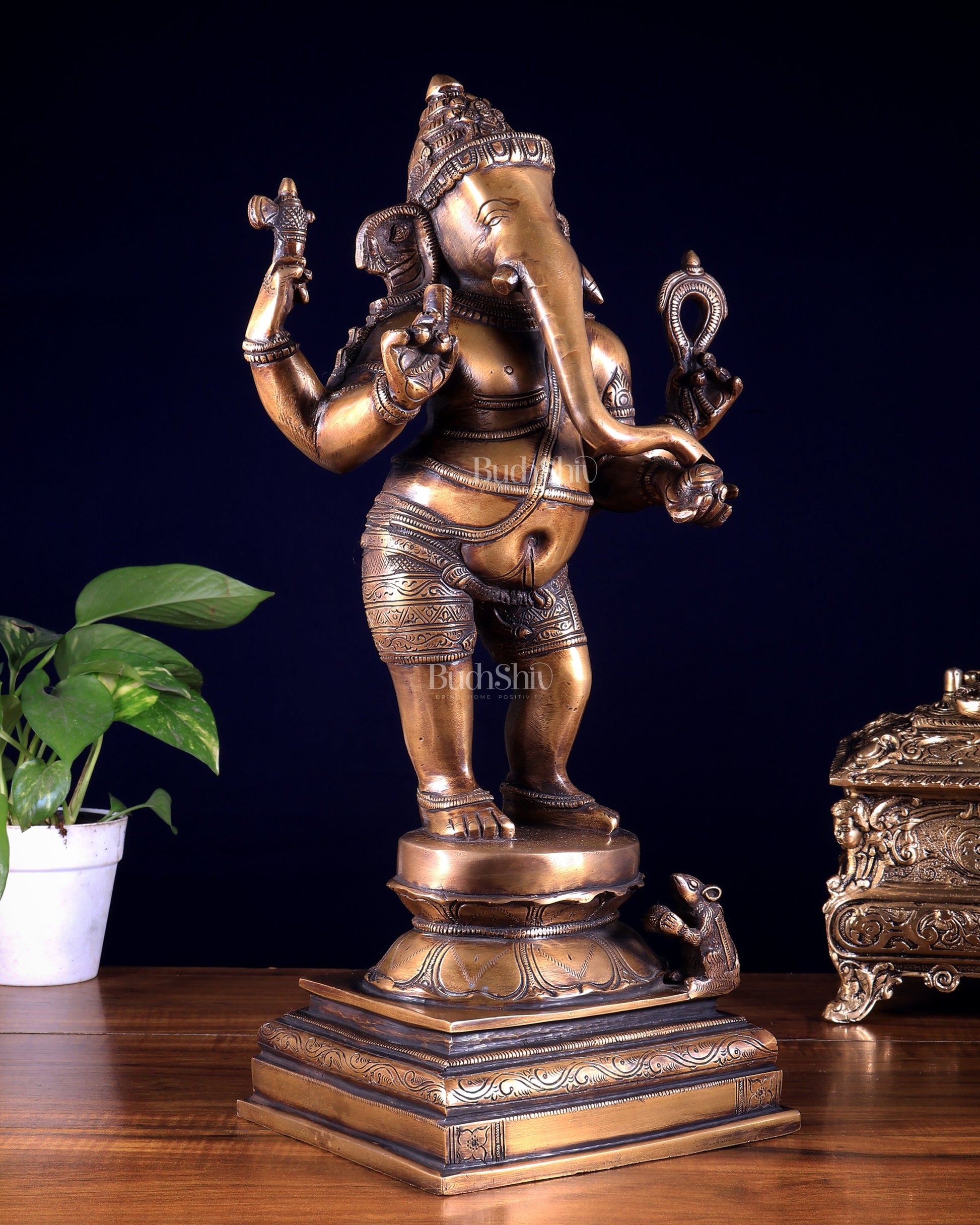 Pure Brass Standing Ganesha Sculpture – Burnt Brass Finish 18 inch
