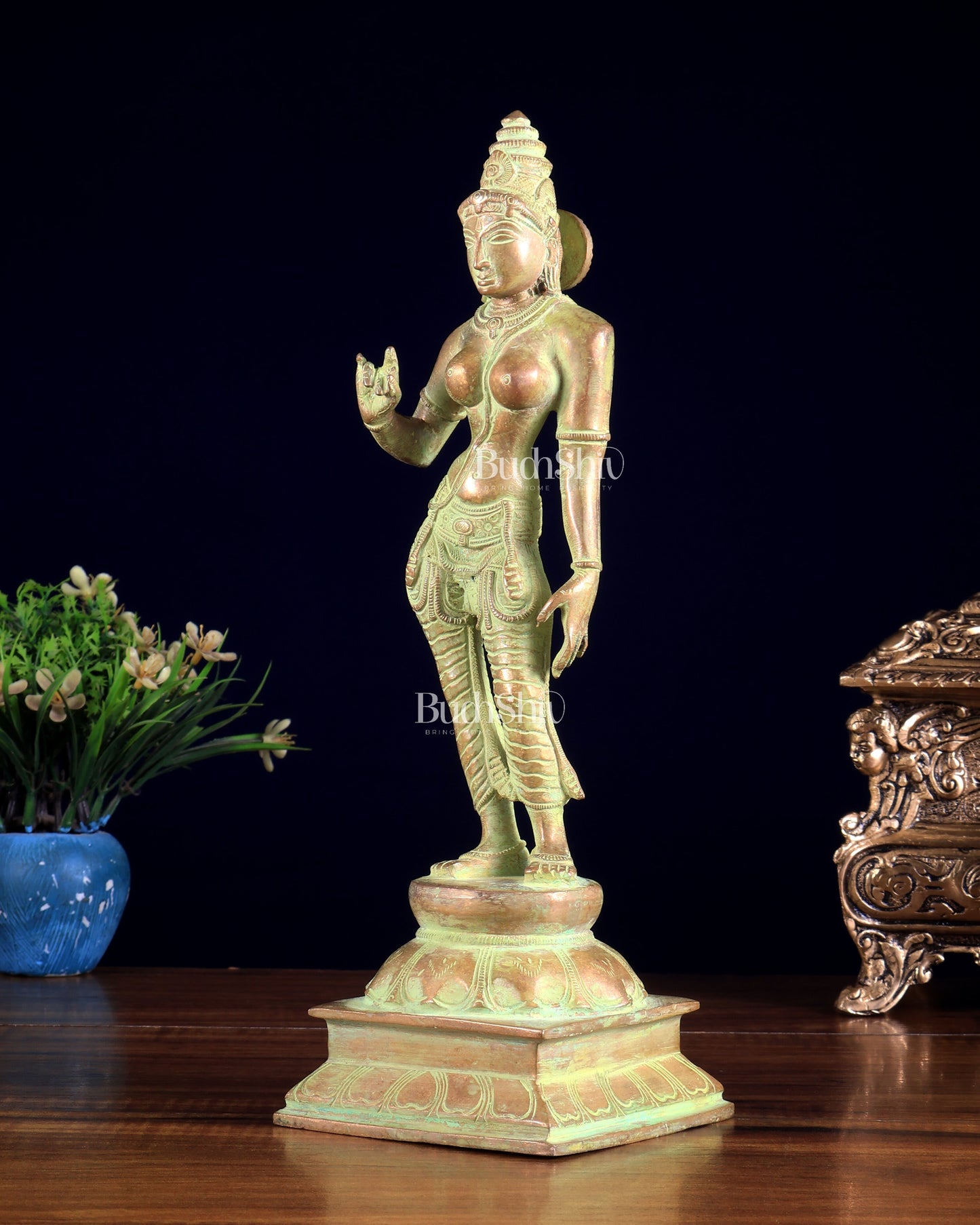 Brass Bhoga shakti Devi Uma Parvati Idol | 10 Inch Green Sand finish