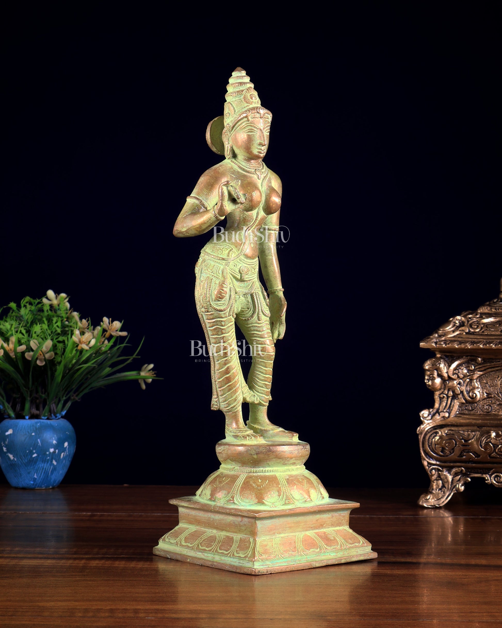 Brass Bhoga shakti Devi Uma Parvati Idol | 10 Inch Green Sand finish