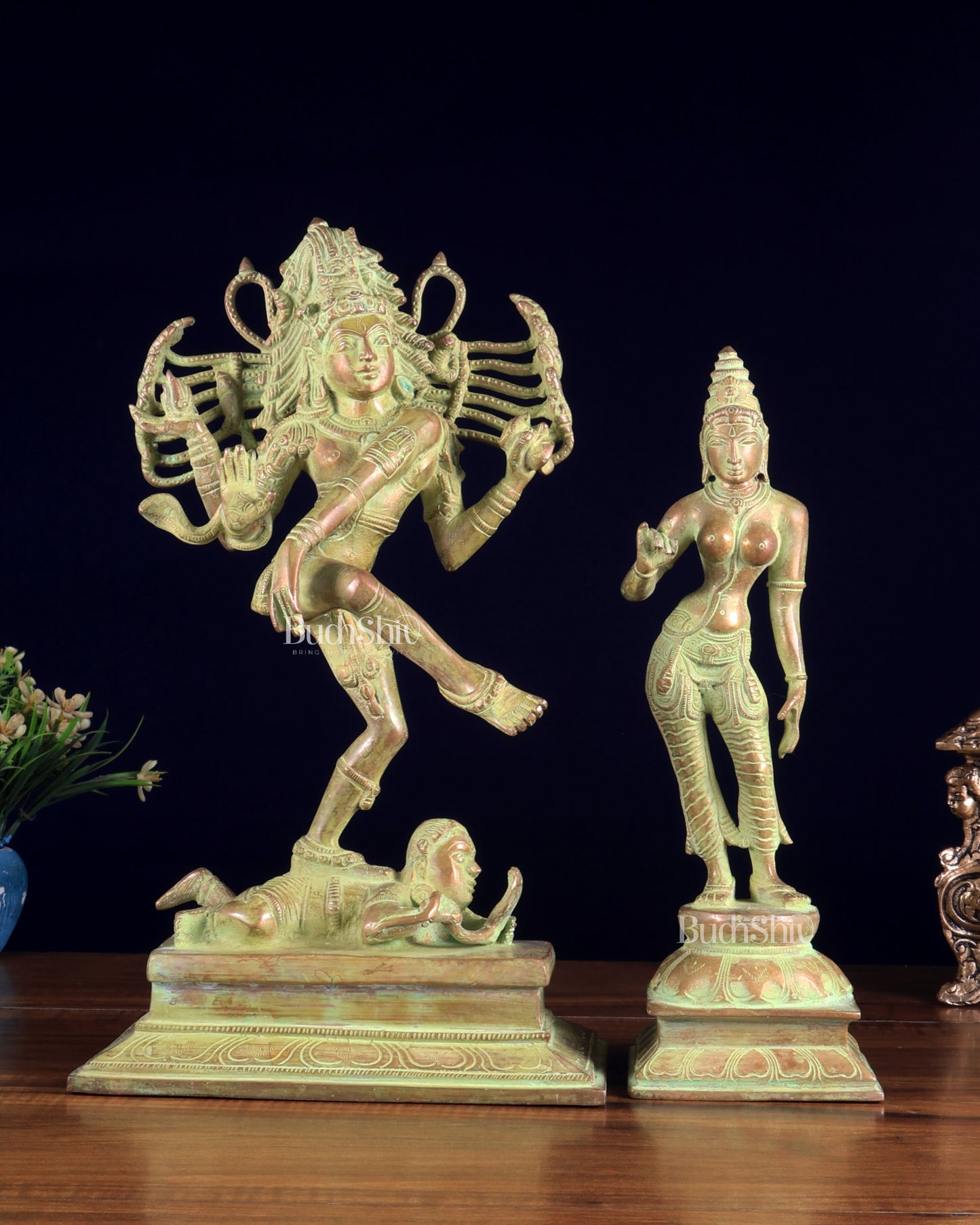 Vintage Brass Dancing Shiva Nataraja with Sivagami Parvati Idol – Green Sand Patina Finish 14 inch