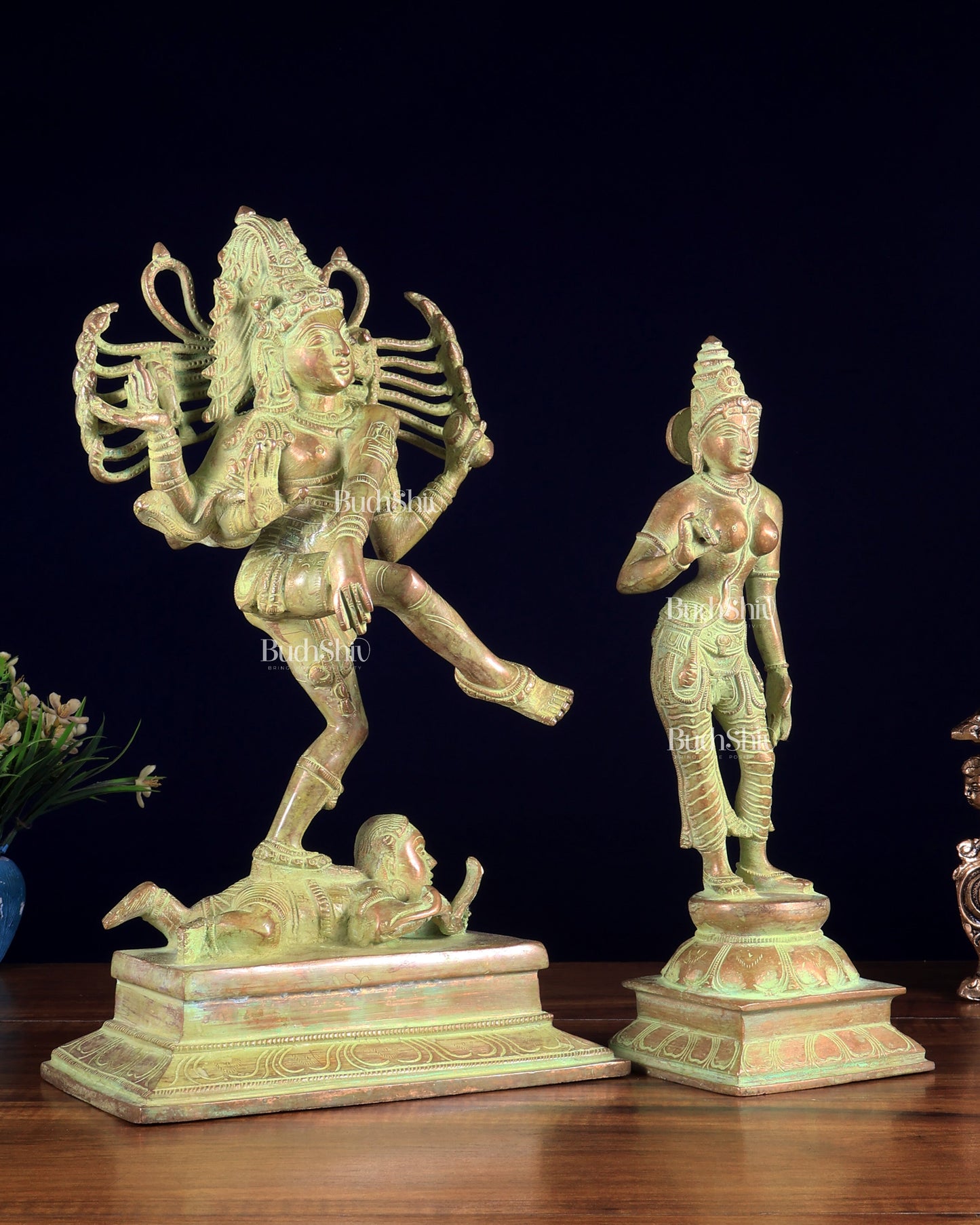 Vintage Brass Dancing Shiva Nataraja with Sivagami Parvati Idol – Green Sand Patina Finish 14 inch