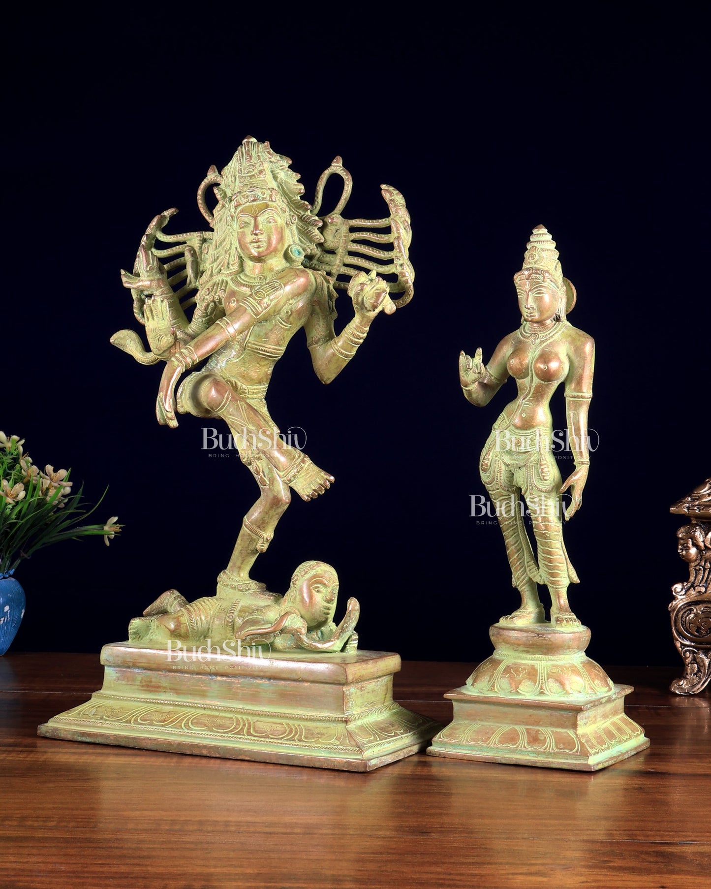 Vintage Brass Dancing Shiva Nataraja with Sivagami Parvati Idol – Green Sand Patina Finish 14 inch