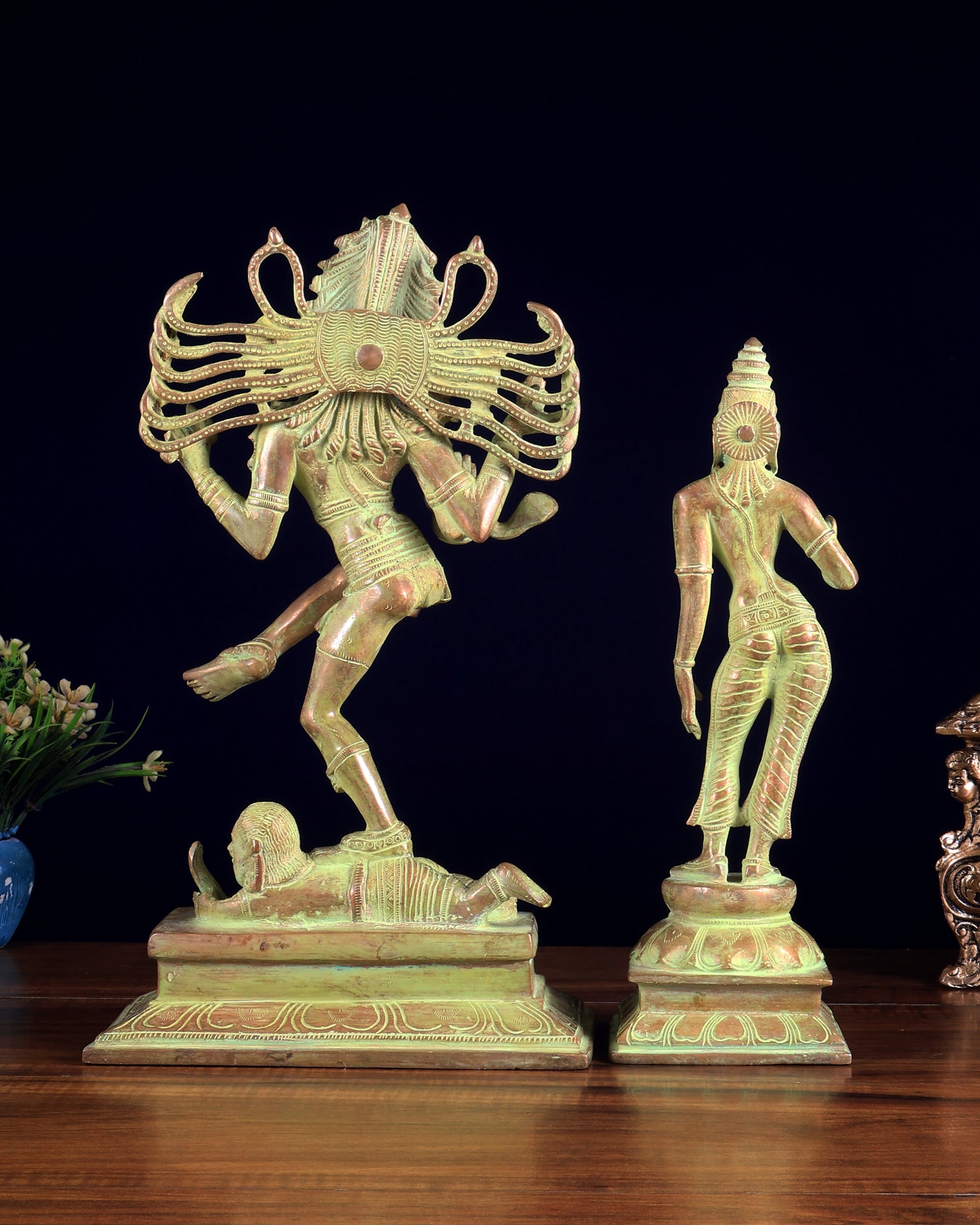 Vintage Brass Dancing Shiva Nataraja with Sivagami Parvati Idol – Green Sand Patina Finish 14 inch
