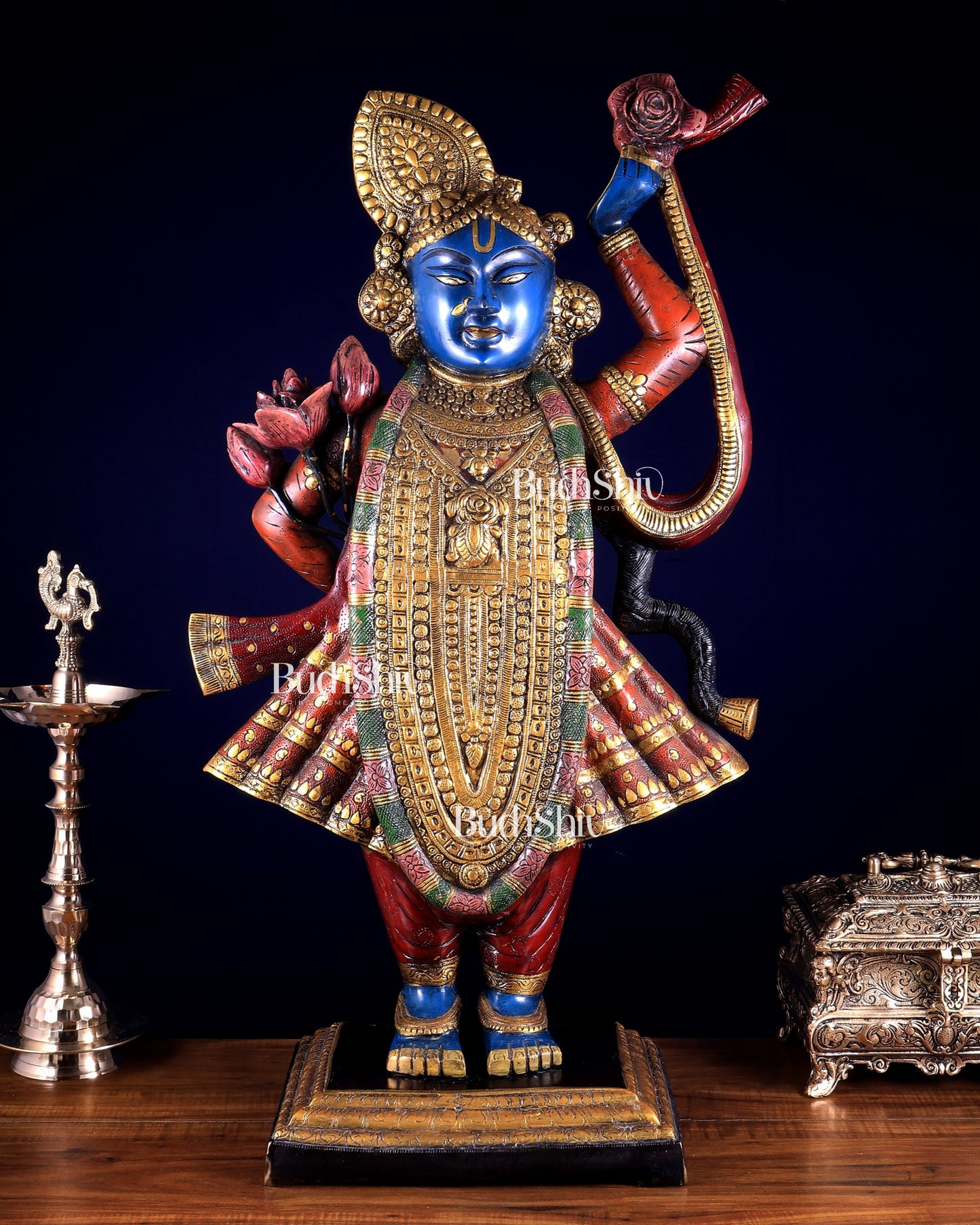 Brass Nathdwara Shrinath Ji Murti Large | 32 " Pichwai hand-painted