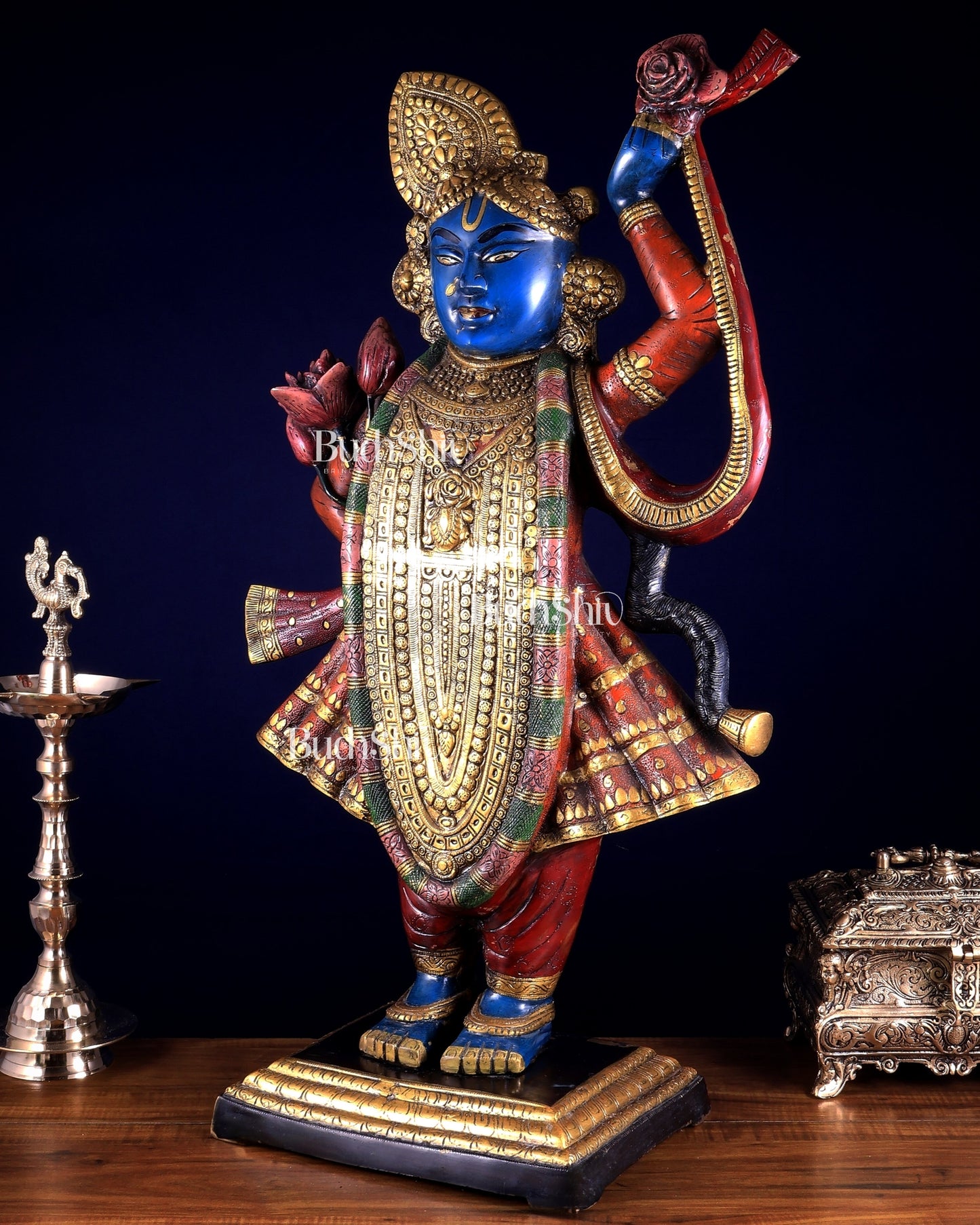 Brass Nathdwara Shrinath Ji Murti Large | 32 " Pichwai hand-painted
