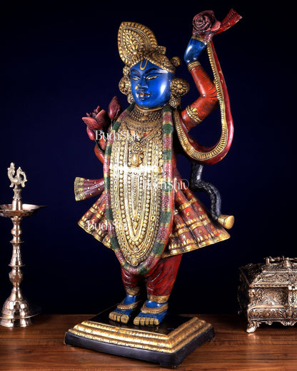 Brass Nathdwara Shrinath Ji Murti Large | 32 " Pichwai hand-painted