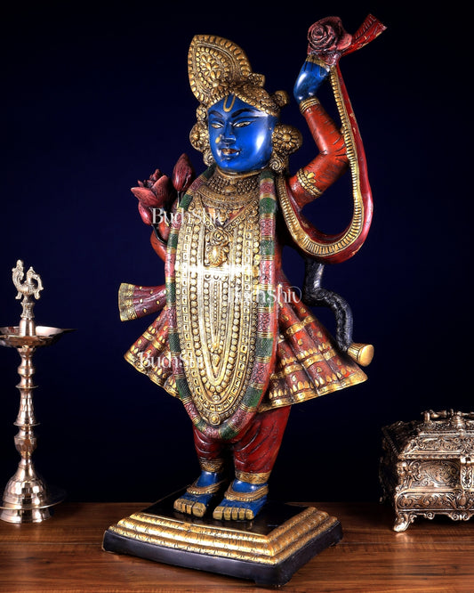 Brass Nathdwara Shrinath Ji Murti Large | 32 " Pichwai hand-painted